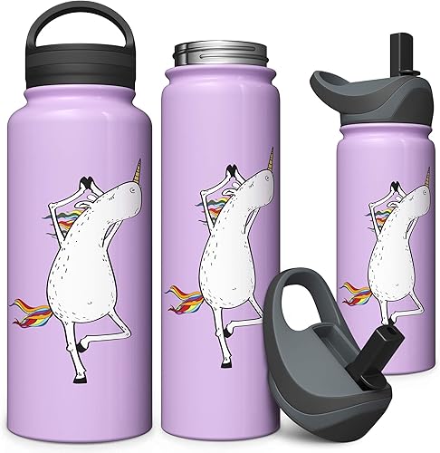 Miniatura 5 de Involve & Evolve Botella de agua aislada con 2 tapas (tapa con pajilla) reutilizable de doble pared de boca ancha de acero inoxidable para niños,