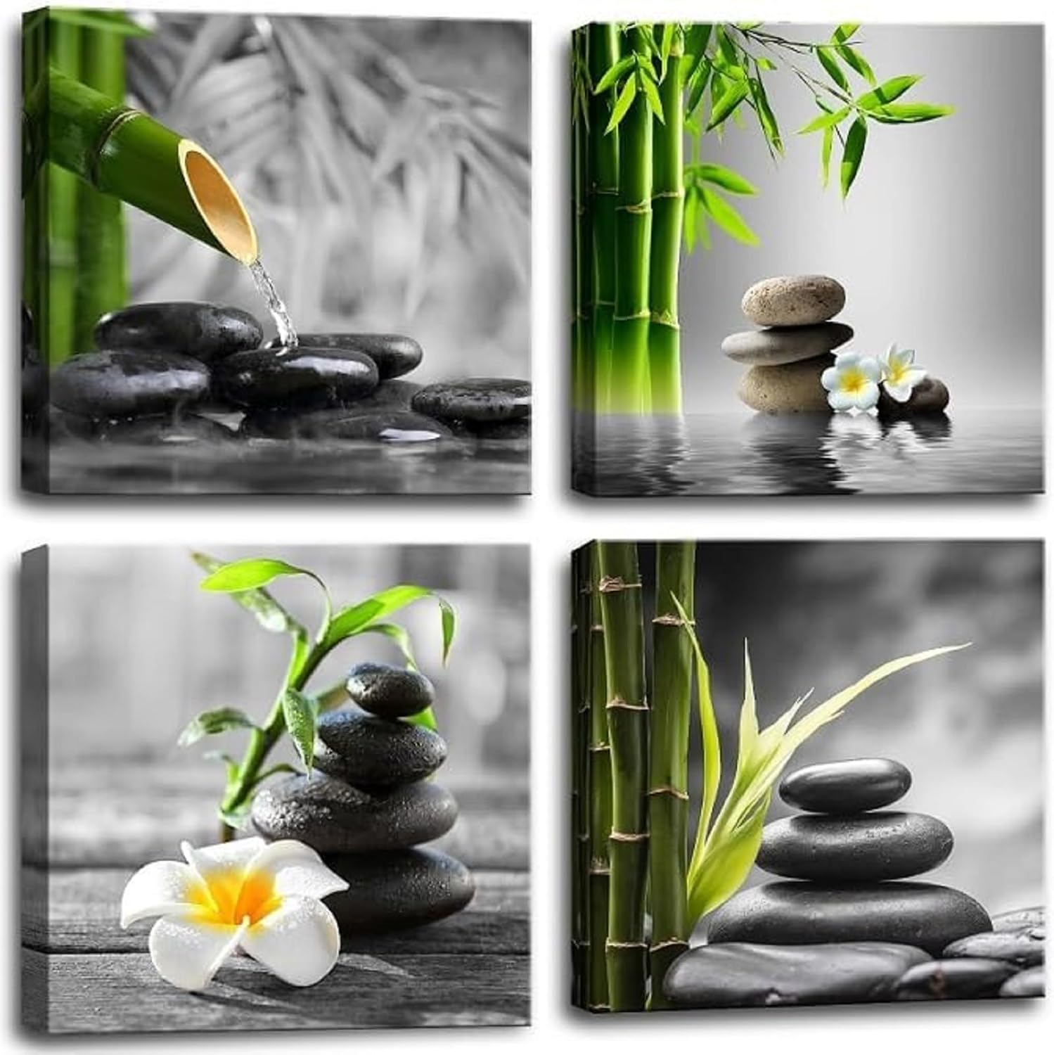 Bamdeya Zen Bathroom Decor Black and White Wall Art Grey Green Room Decor Stone Bamboo Pictures Canvas Meditation Posters Prints Artwork Bedroom Wall Decor Living Room Kitchen Decorations