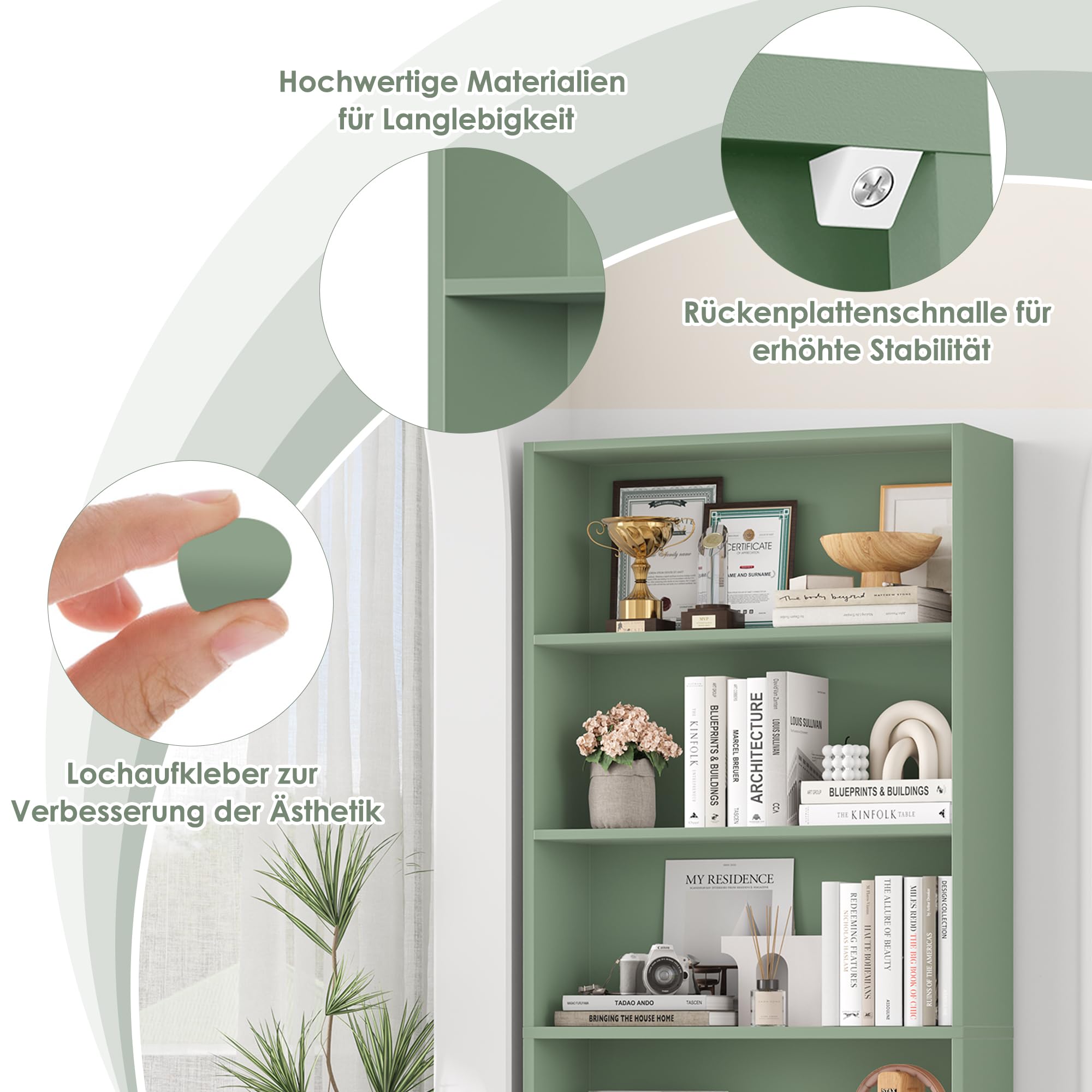 FirFurd Librería de 6 Niveles, Estantería para Libros, Libreria Estanteria, Muebles Almacenaje Madera para Salón Oficina, Dormitorio, Estudio, Verde 60x23.5x180cm