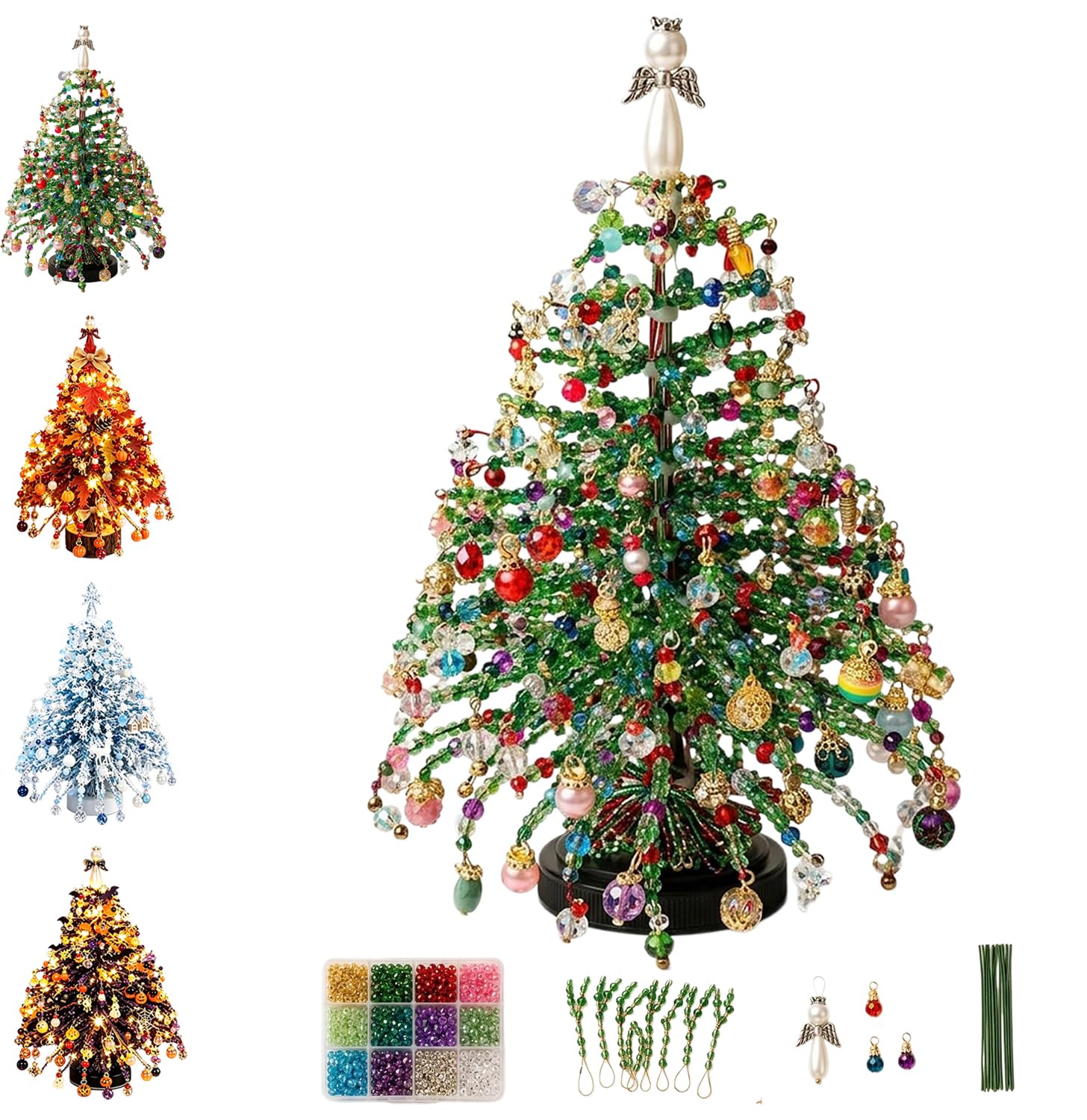 DIY Beaded Christmas Tree Kit, Crystal Christmas Craft Set for Adults with Colorful Beads, Ornament Charms, Metal Frame & Angel Topper, Warm Glow Display, Tabletop Decor, Relaxing Holiday Gift，Green