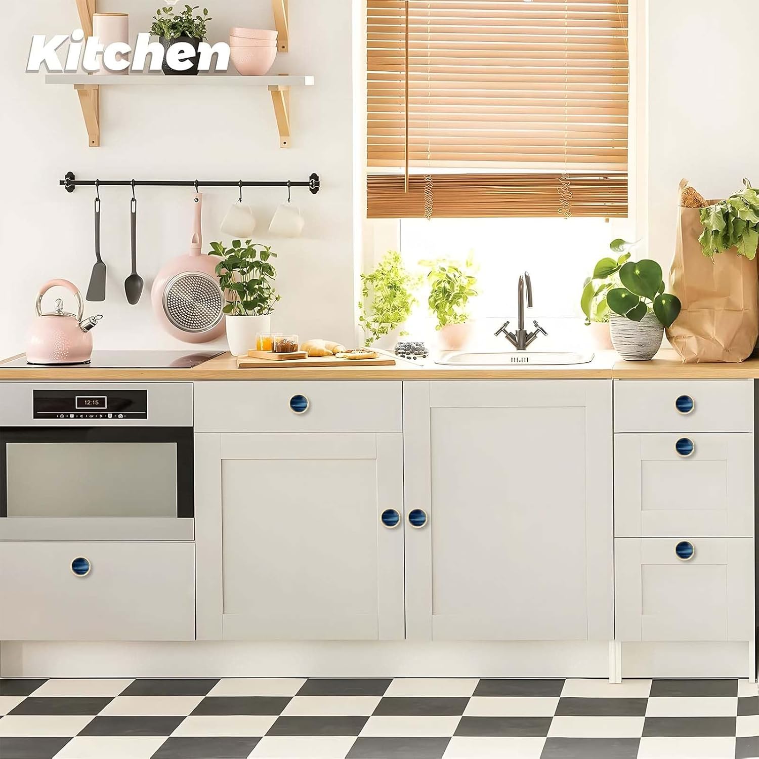 4 Pack Cabinet Knobs Round Matte Golden Drawer Pulls, Navy Blue Hardware Dresser Knob for Bathroom Kitchen