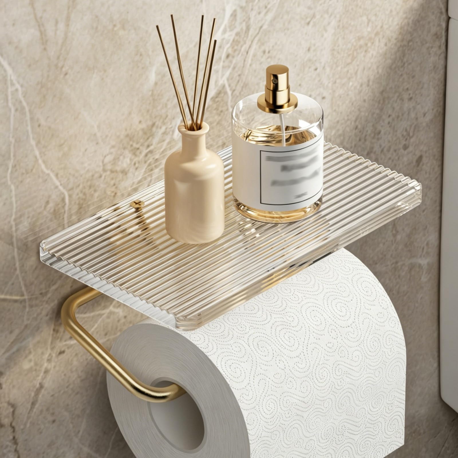 Minicoco Toilet Roll Holder with Shelf, Luxury Gold Toilet Paper Holder with Acrylic Shelf, Brushed Gold 304 Stainless Steel Wall Mounted, Self Adhesive or Screw-in, Rustproof for Bathroom Kitchen
