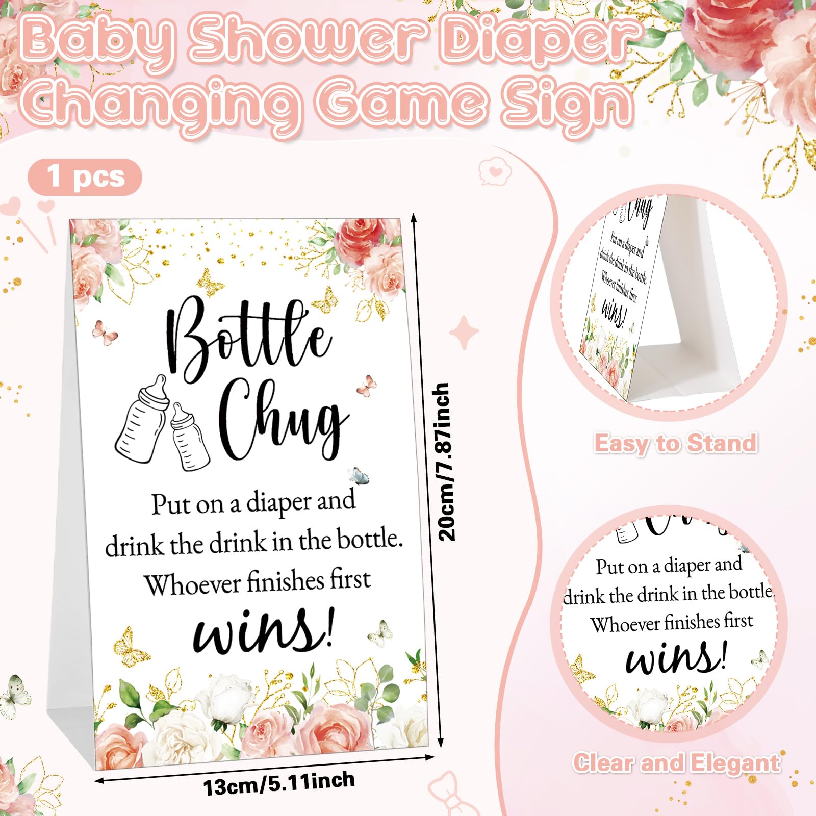 Juego de 17 piezas para baby shower, juego de regalo para el cambio de pañales, incluye 8 divertidos tragos de botellas de plástico, 8 pañales desechables y 1 letrero de juego para fiesta de