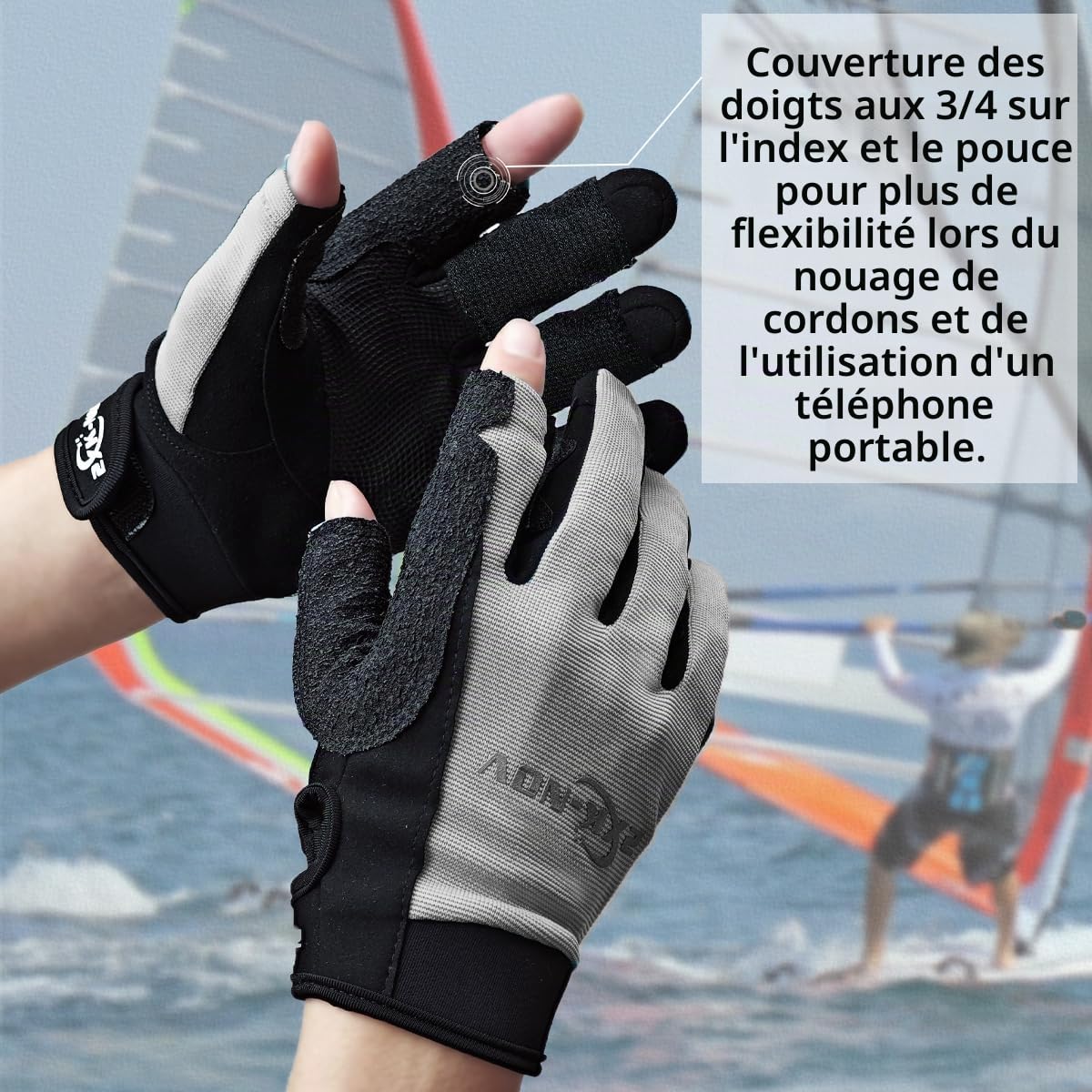 Gants de Voile Homme et Femme - Gant Kayak, Gants Planche à Voile 3/4 Doigt, Sailing Gloves Résistance à l'usure pour Pagaie (Mesurez Tour de Paume Avant de Commander)