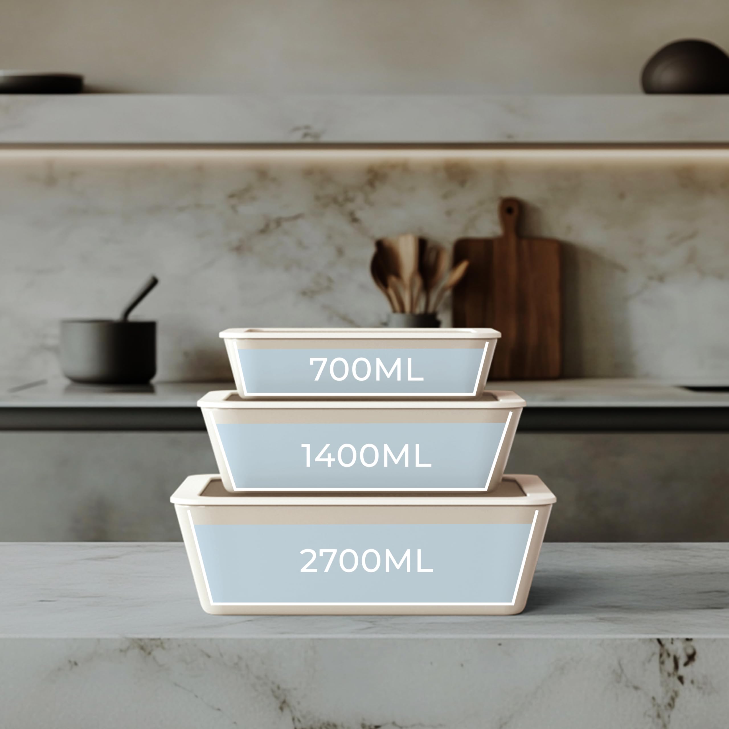 eckiges Vorratsdosen-Set Buoux in Beige | 3-teilig | mit Antihaftbeschichtung aus Keramik | Deckel aus Glas | Ofen- und Mikrowellengeeignet | Füllmenge: 0,7L - 1,4L - 2,7L