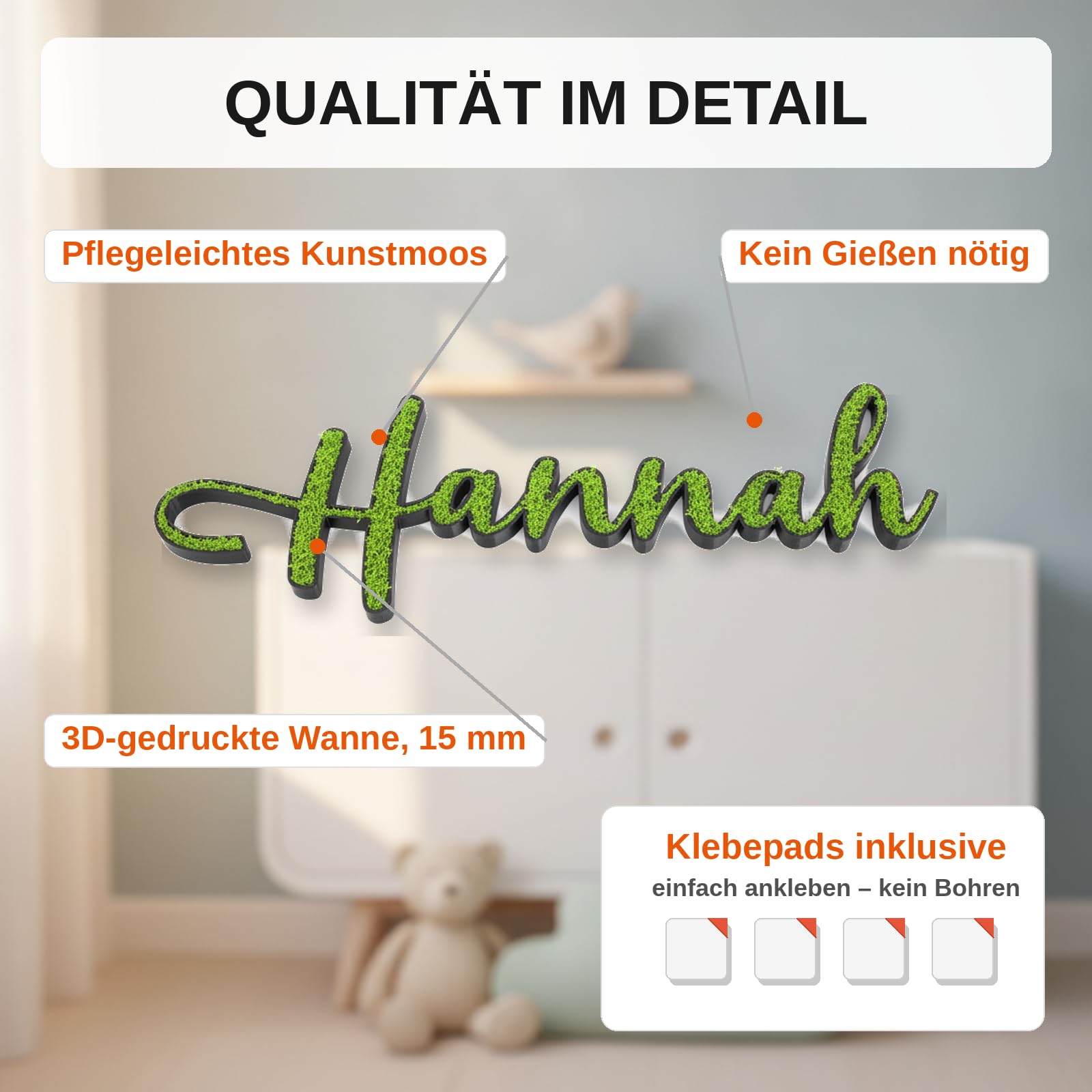 Türschild Kinderzimmer Moos Schriftzug personalisiert mit Wunschname - Namensschild Kinder ca. 24 cm aus 3D-Druck mit Kunstmoos - Wanddeko für Kinderzimmer, Tür und Wohnzimmer - inkl. Klebepads