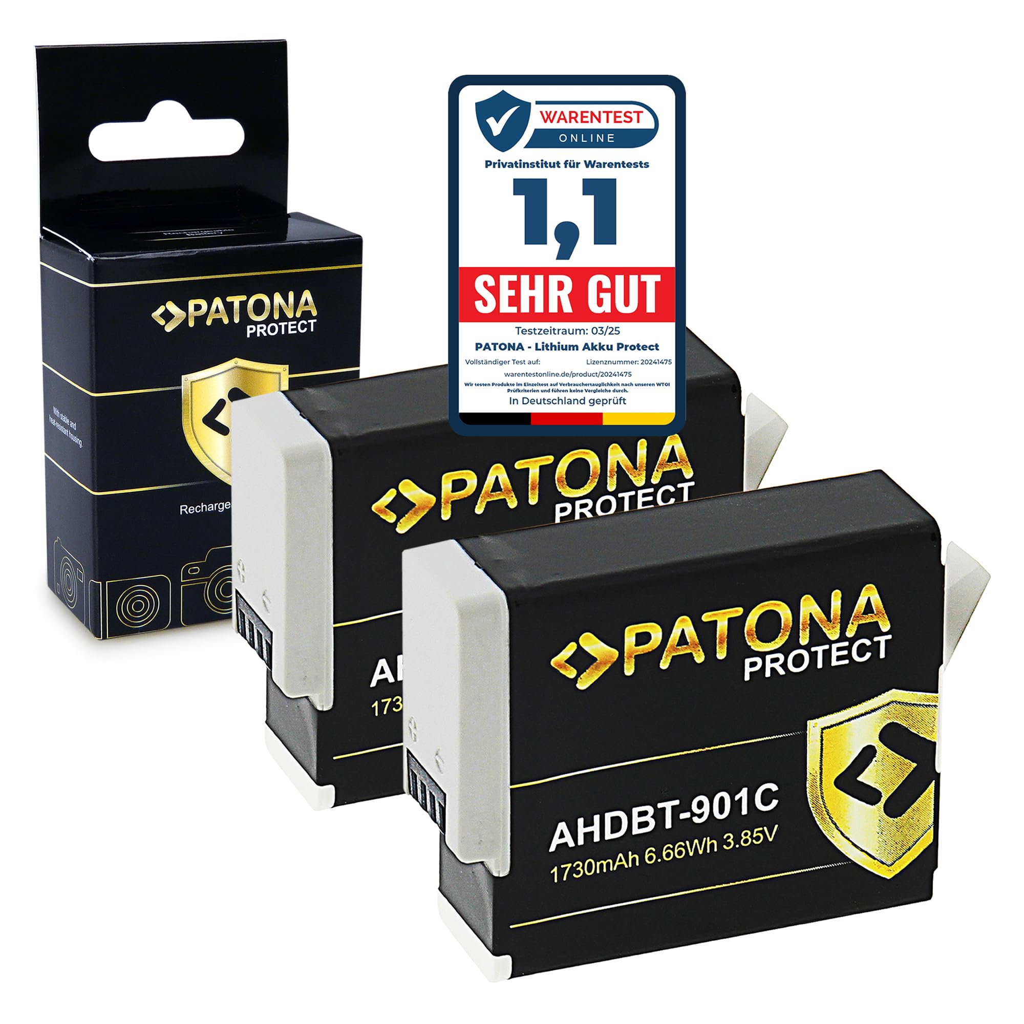 PATONA 2x Protect Batteria per GoPro Hero 12 11 10 9 (1730 mAh) – ricambio per GoPro Enduro AHDBT-901 SPBL1B – guscio V1 ignifugo, resistente al freddo – doppio pack per action e inverno
