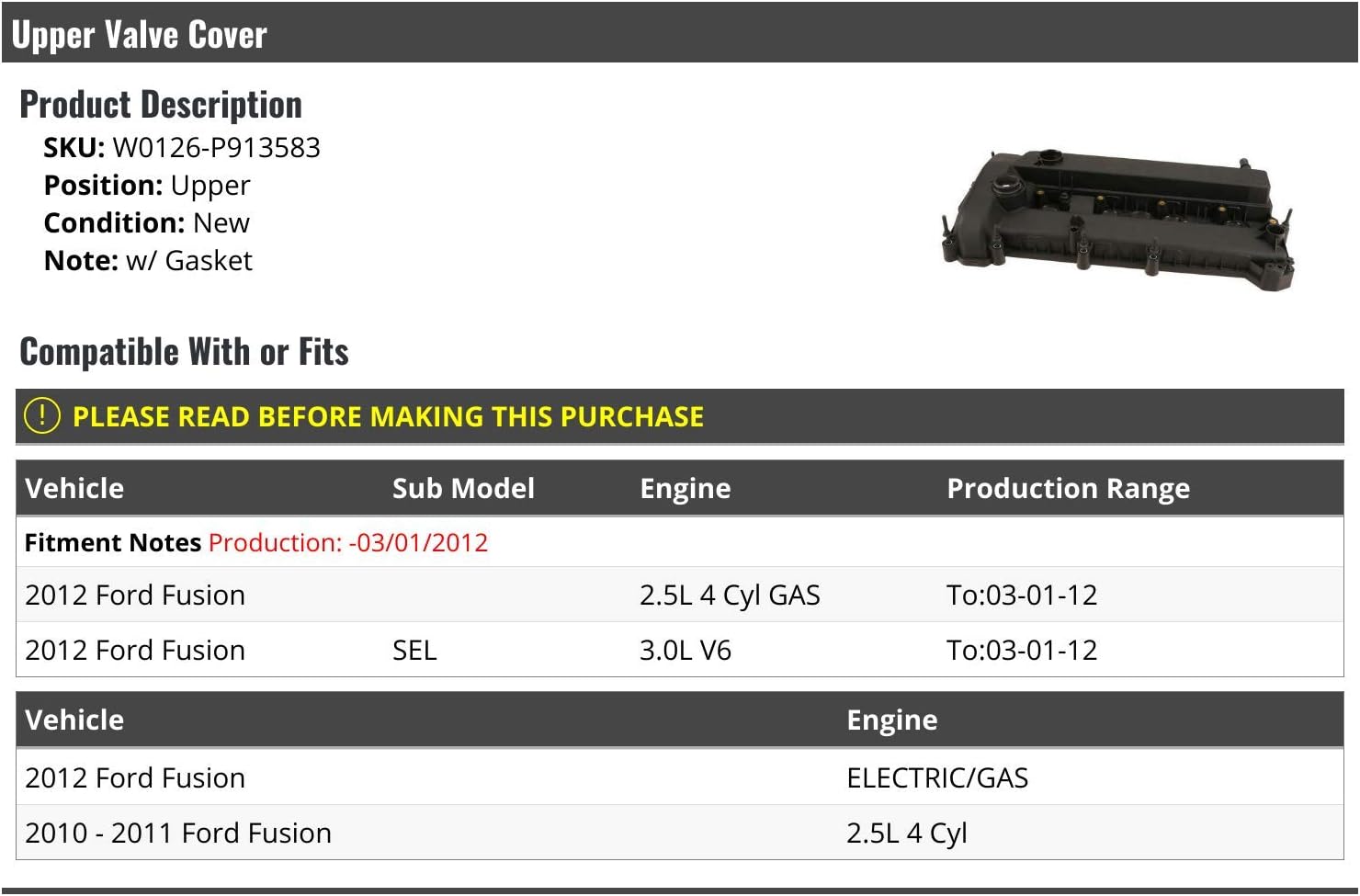 Marketplace Auto Parts Upper Valve Cover with Gasket - Compatible 2010-2012 Ford Fusion