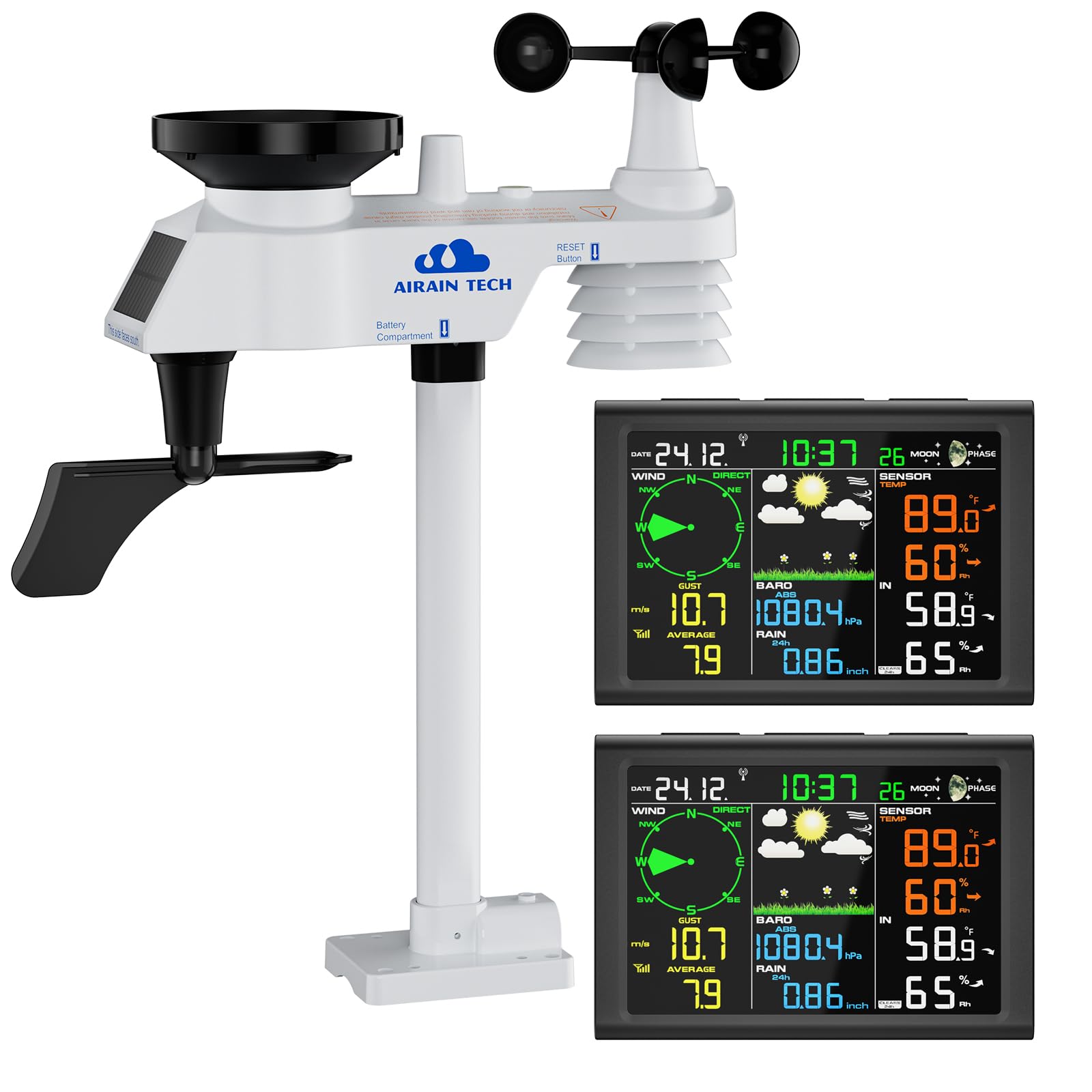 Photo 1 of AIRAIN TECH 10-in-1 Wireless Weather Station with Dual Display, Outdoor Sensor, Rain Gauge, Atomic Clock, Wind Speed, Indoor Temp/Humidity, Barometric Pressure,etc (No WiFi)