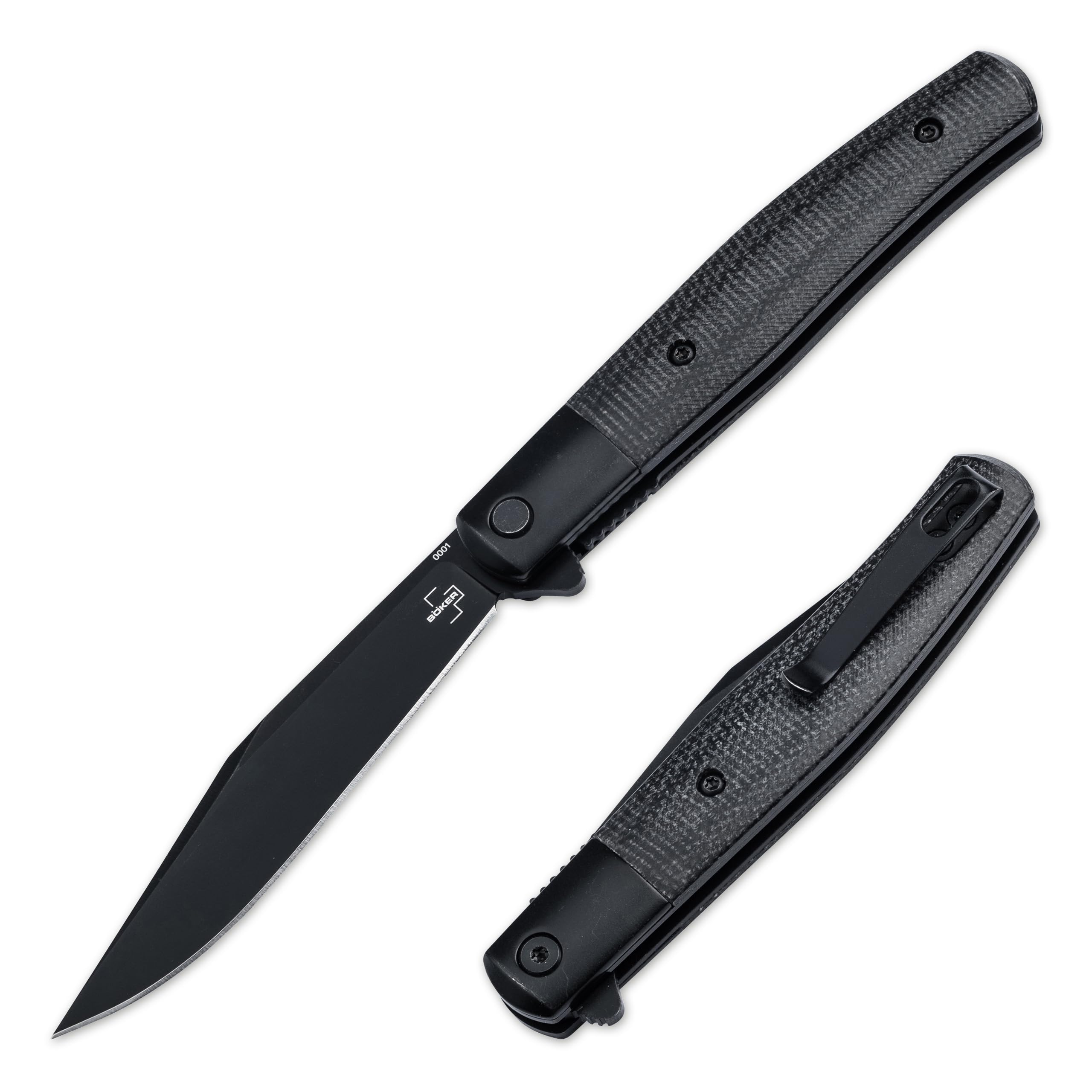 BÖKER PLUS® Modern Stockman Taschenmesser - schlankes Gentleman EDC Klappmesser mit Micarta Griff & Nitro-V Stahl Klinge - klassisches Einhand Farmermesser mit Flipper & Clip für Alltag & Outdoor