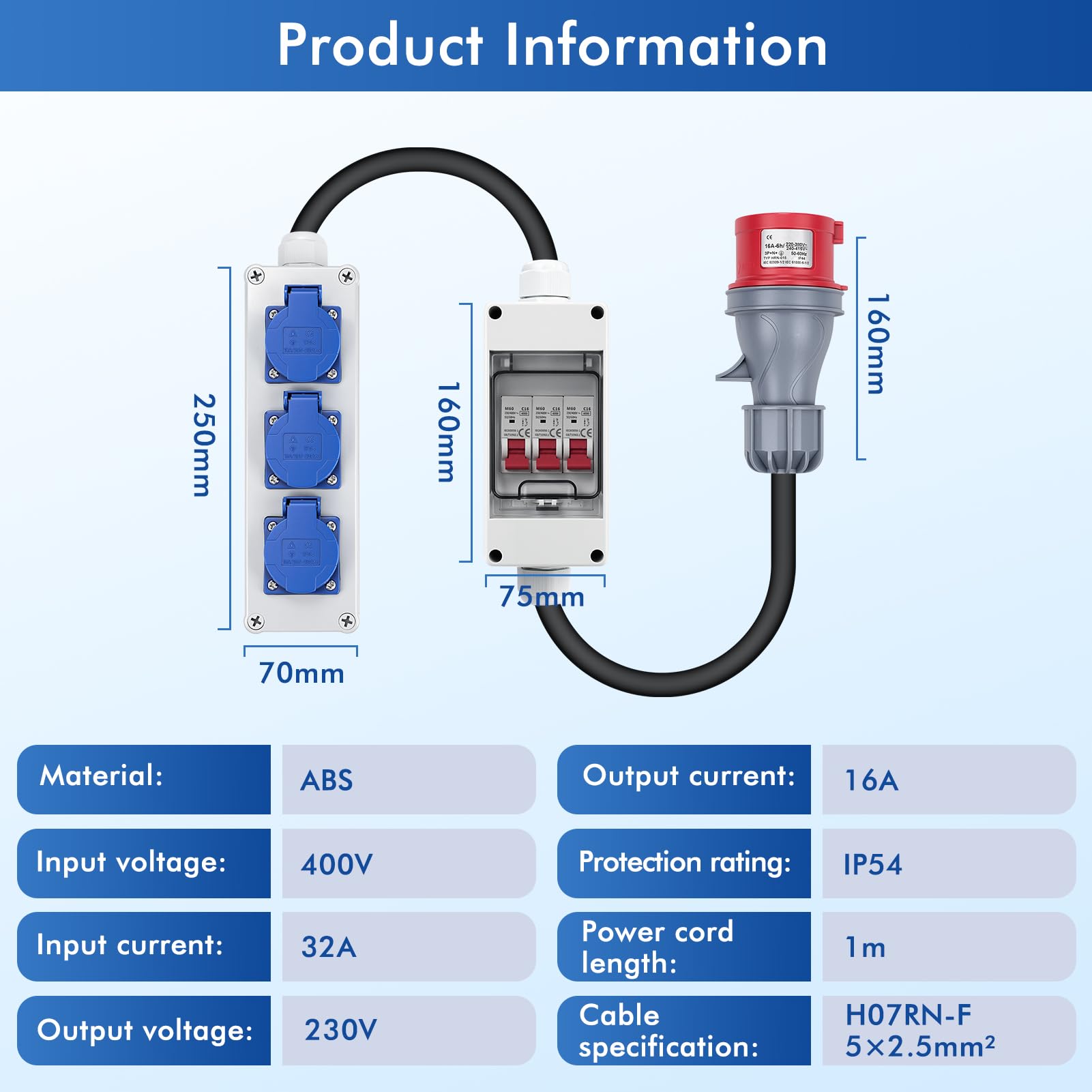 Distributore a parete 3 prese Schuko 230V e 1 presa CEE 16A/400V 5P | Con interruttore magnetotermico 16A distributore di corrente IP44 Non richiede cablaggio Adatto per cantieri edili e officine