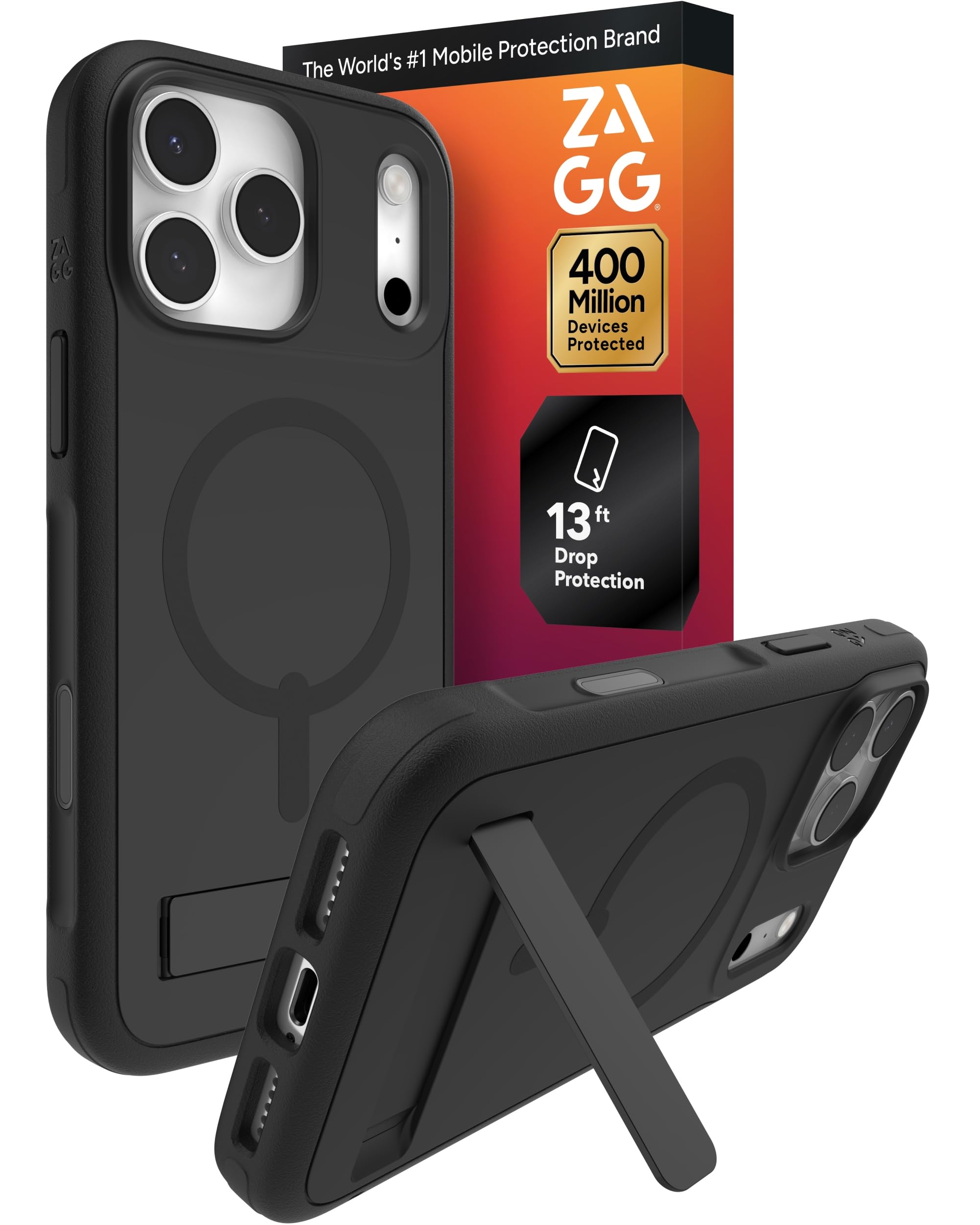 ZAGG Sedona Snap Case with Kickstand for iPhone 17 Pro Max - Pitch Black, Drop Protection (13ft/4m), Multi-Layer Protection, with Camera Button, MagSafe Phone Case with Impact-Absorbing Bumpers