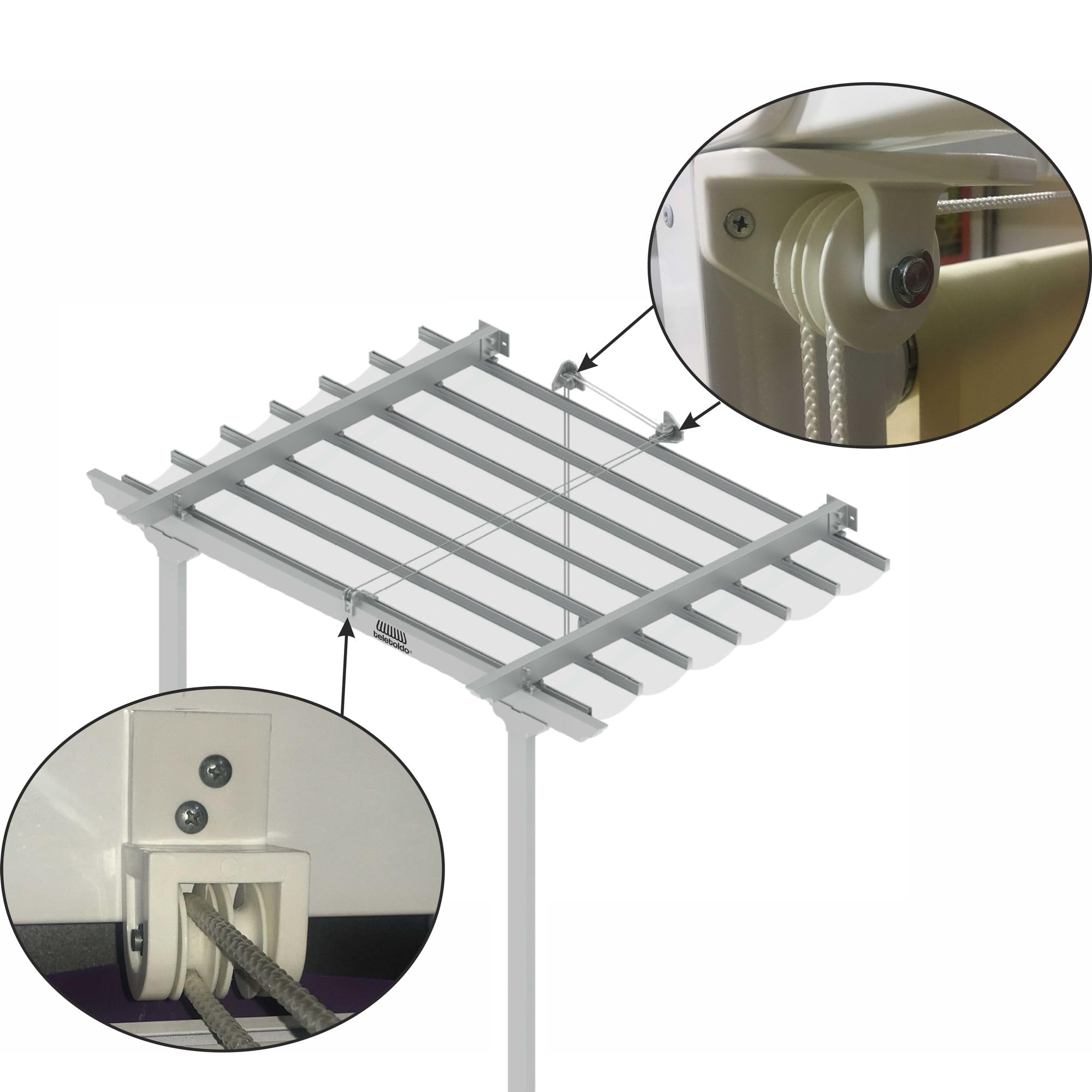 Teletoldo Kit de poulies pour pergola coulissante Blanc | 3 poulies (2 centrales + 1 latérale) | Nylon silencieux + goupille métallique | pour corde Ø5-6 mm | jusqu'à 7 x 7 m