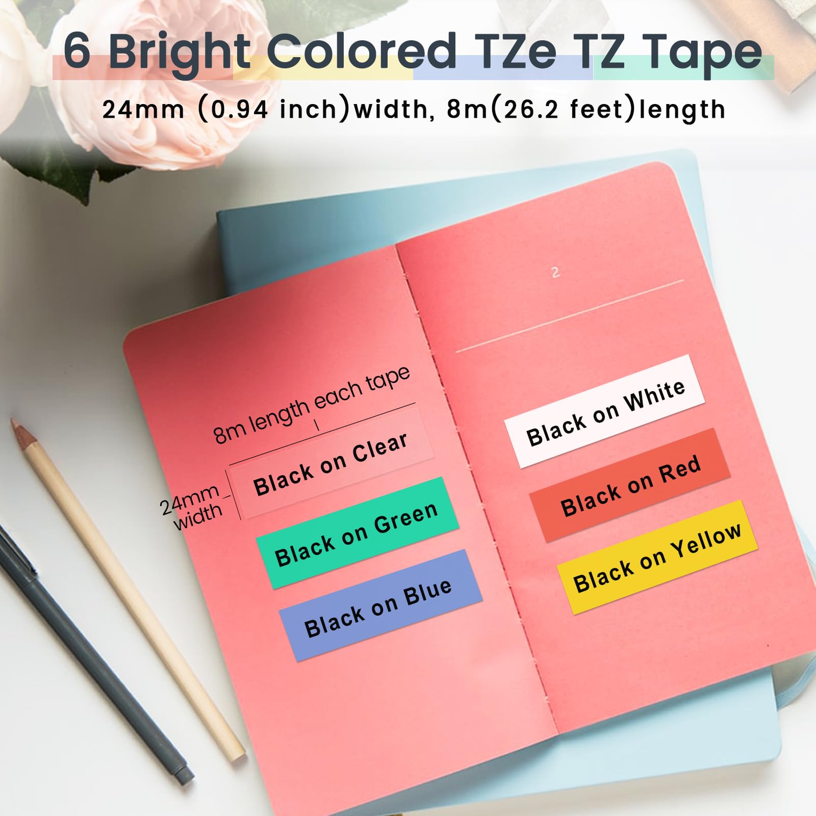 Nastro per Etichette Markurlife Compatibile In sostituzione di Brother 24mm TZe-251 TZe-151 TZe-451 TZe-551 TZe-651 TZe-751 Laminato Nastri per Brother P-touch D600/VP PT-P750W PT-P710BT,6 Pz
