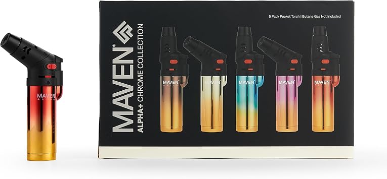 Alpha+ Torch Lighters, 5 Pack, 4590 Rotatable Nozzle, Refillable Butane Lighters, Adjustable Flame, Windproof Torch for Kitchen, Candles, Cooking, BBQ, Camping Butane Not Included Chrome