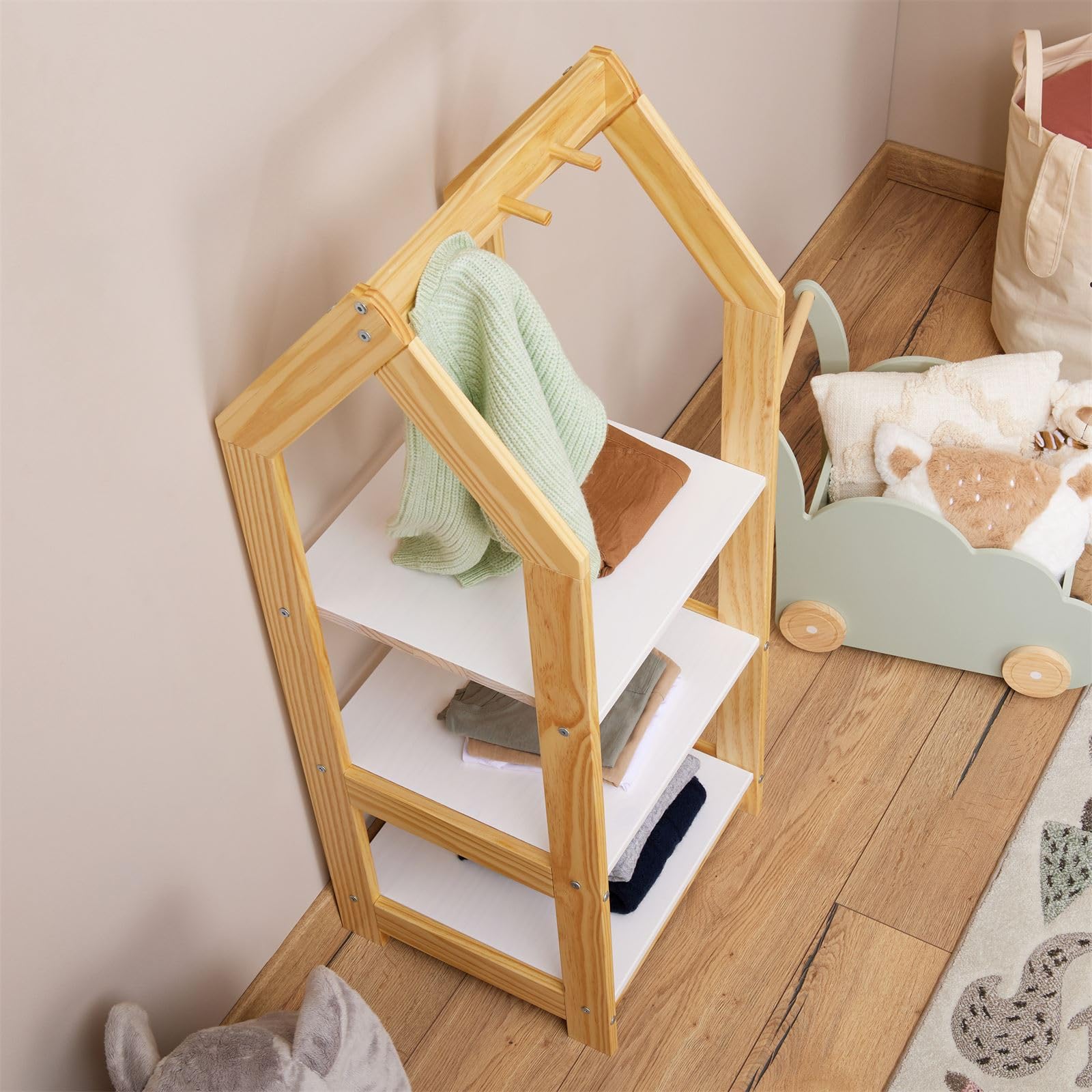 IDIMEX Étagère à vêtement Enfant Sally en Pin Massif, Dressing Enfant avec Tringle à Vêtements, Tablette Inférieure Blanche, Penderie Enfant Montessori