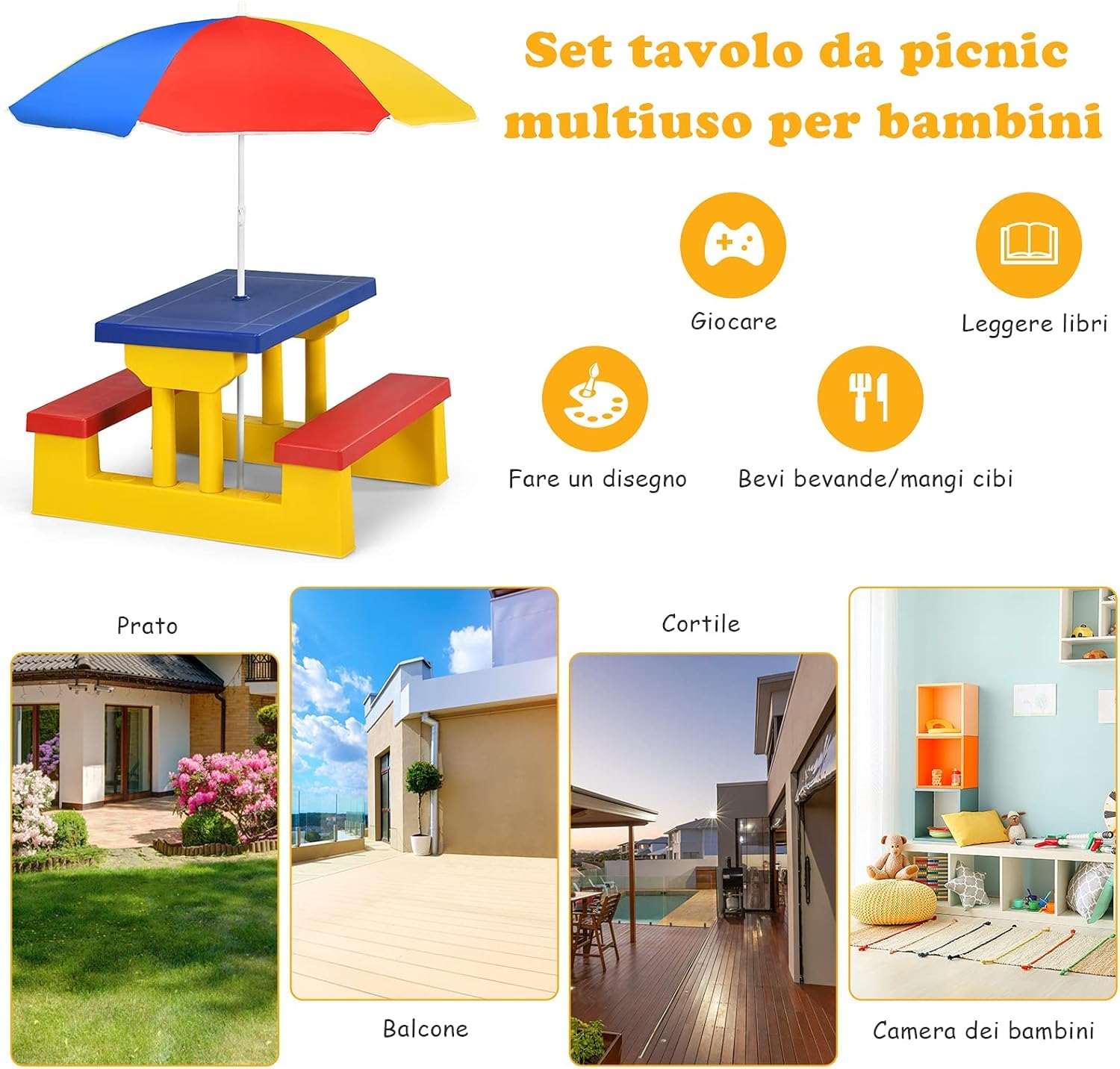 COSTWAY Tavolo da Picnic per Bambini con Parasole Pieghevole, Set di Tavolo e Panche per Festa e Picnic (Colore 1)