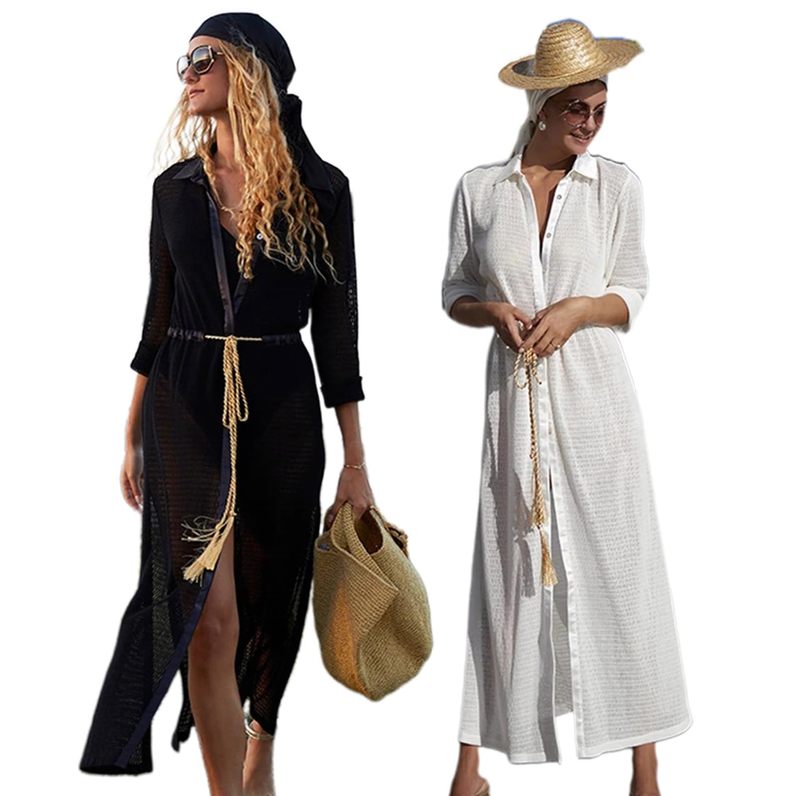 Greabuy Kimono da donna casual a maniche corte con spacco laterale e bottoni, cardigan lungo con cintura, abbigliamento da spiaggia
