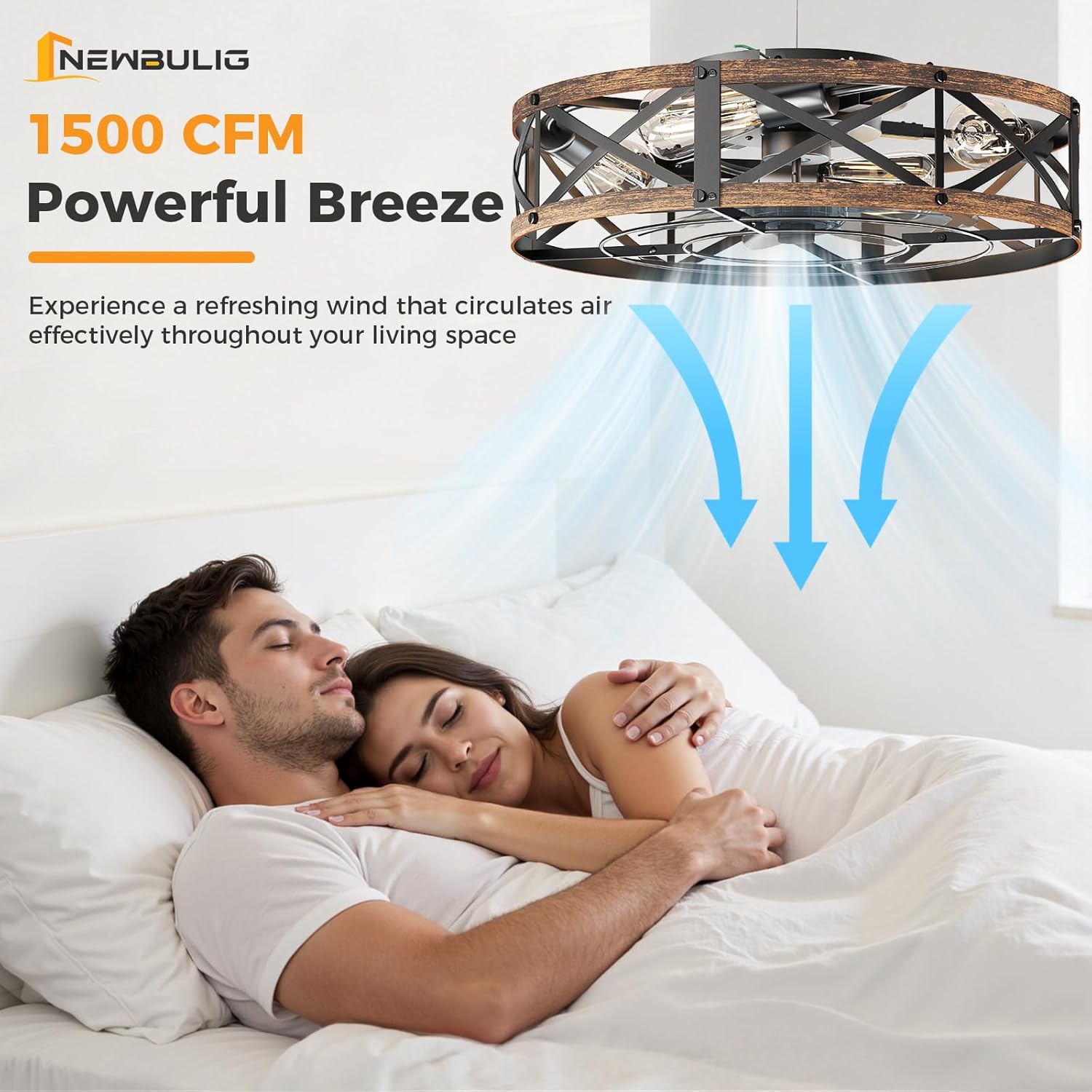 NEWBULIG Ceiling Fans with Remote, 22 Inch Farmhouse Ceiling Fan, Low Profile Caged Fandelier with 6 Wind Speeds, Flush Mount for Bedroom, Living Room, Kitchen, Bulbs Not Included, Gold