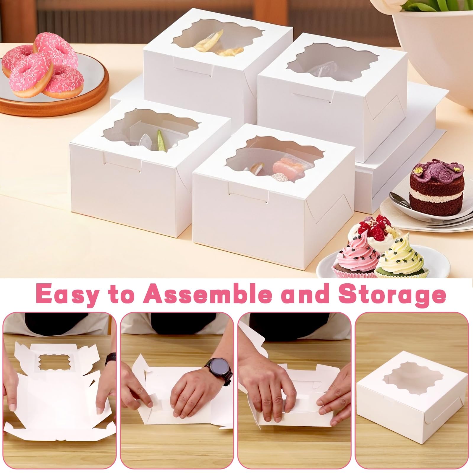 LTWQLing 50pcs White Cookie Boxes,4x4x2.5 Inches Bakery Boxes with Window,with Stickers, for Mini Cake Treat Dessert Pastry Donuts Macaroon Strawberries Chocolate Candy