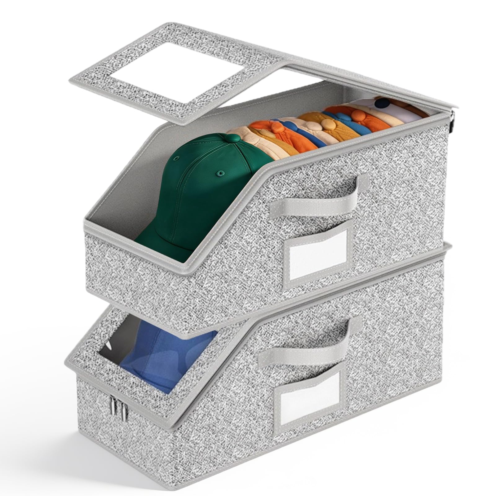 Sxtdkmj Grey 2 Pcs Stackable Hat Storage, Cap Storage With Lid Foldable Hat Organiser For Bedroom Wardrobe Closet