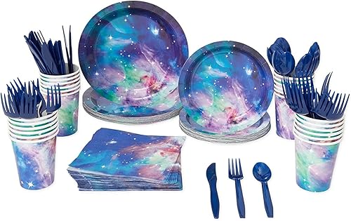 Miniatura 5 de 168 piezas de suministros de fiesta de galaxia con platos de papel, servilletas, tazas y cubiertos para decoraciones de fiesta de cumpleaños del
