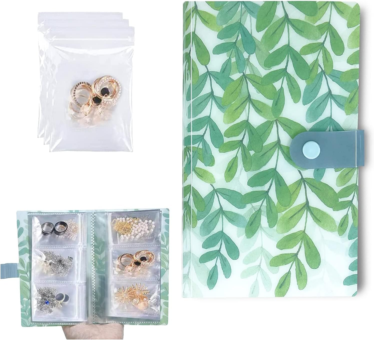 ROPAKED Beautiful Jewelry Storage Book with Pockets 120 Slots and 60 Pcs Clear Small Plastic Bags Ring Earring Organizer Book Card Holder Travel Pouch for Jewelry (Green Leaves)