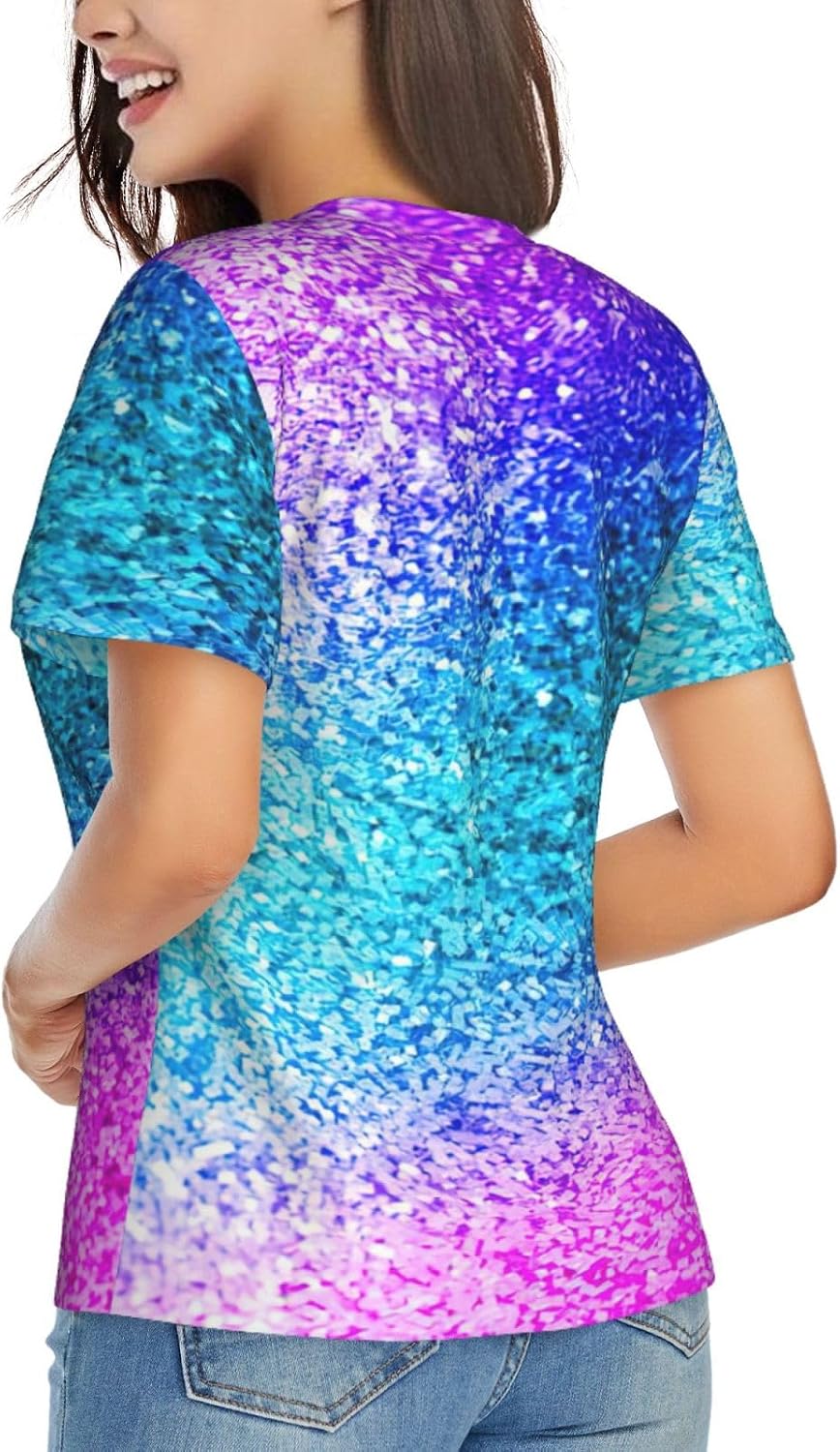 Women Casual Glitter Sequin Spot Print V-Neck T-Shirt Short Sleeve Summer Trendy Tops.