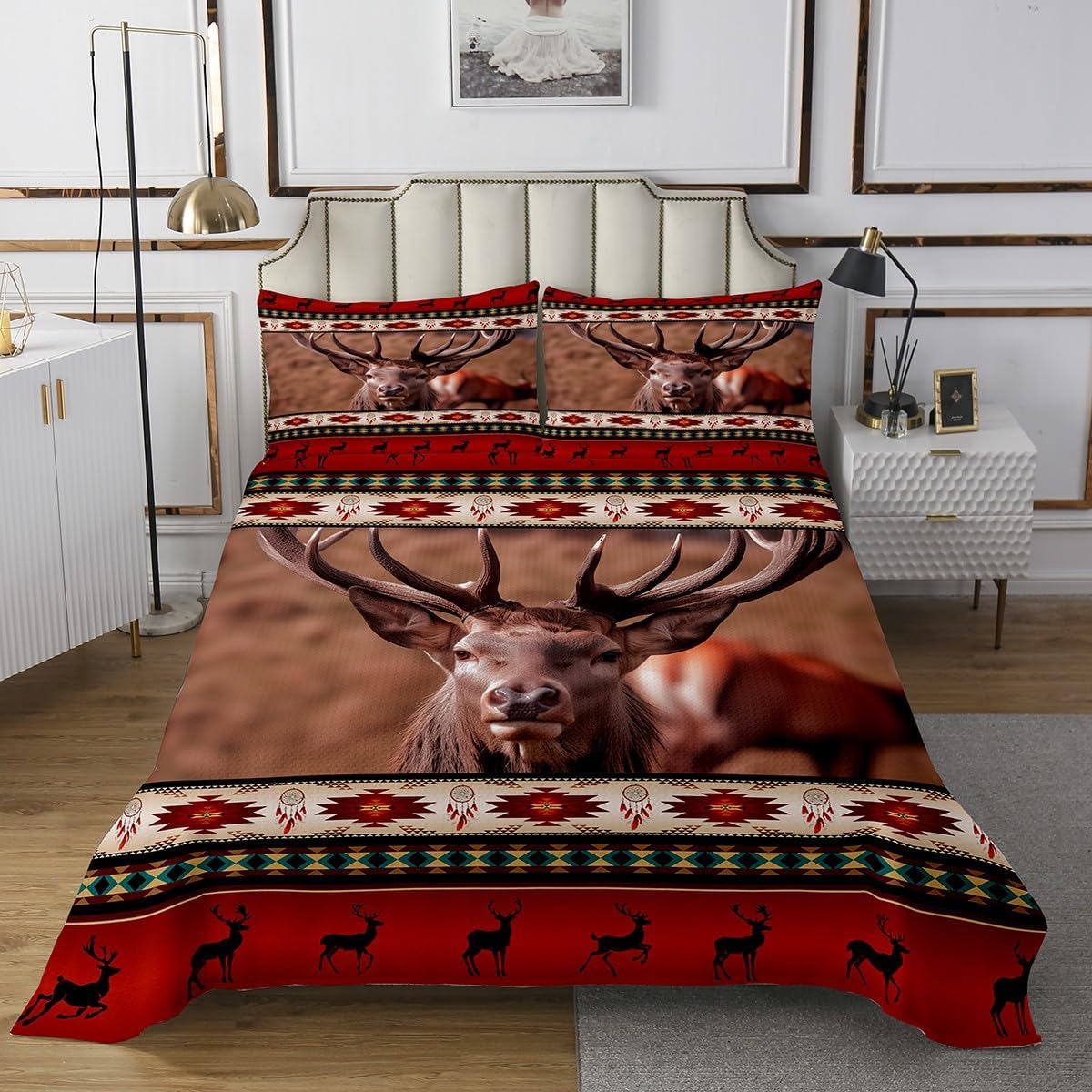 Deer Hunter Quilt Set King Southwestern Native Aztec Western Bedspread Set,Bohemian Dreamcatcher Coverlet Set Moose Reindeer Indian Tribal Geometric Bedding Set,Country Farmhouse Rustic Room Decor