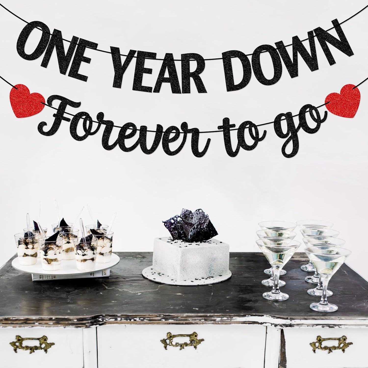 One Year Down Forever to Go Banner - Happy Anniversary Decorations - 1 Year Anniversary Decorations - Black Glitter