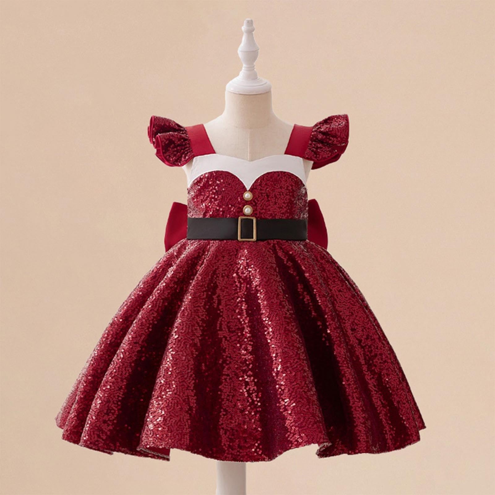 Kleider für Mädchen Pailletten Kleid Flauschiger Faltenrock Fliegende Ärmel Ballkleid Partykleid Festliche Mädchenkleider Glitzerkleid Ballkleider Blumenmädchenkleider Glitzer Kleider Gr. 110-140
