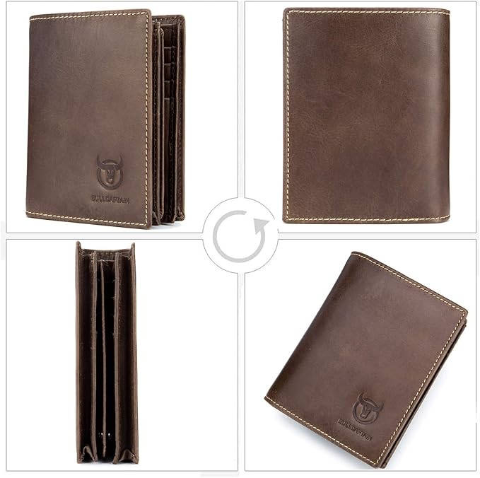 Portafoglio Bullz Marrone Portafoglio Uomo In Pelle Bovina Marrone, Stile Triplo Europeo, Con Zip E Portafoto, Marca Bullz Portafoglio Multi-scomparto - Foto 8