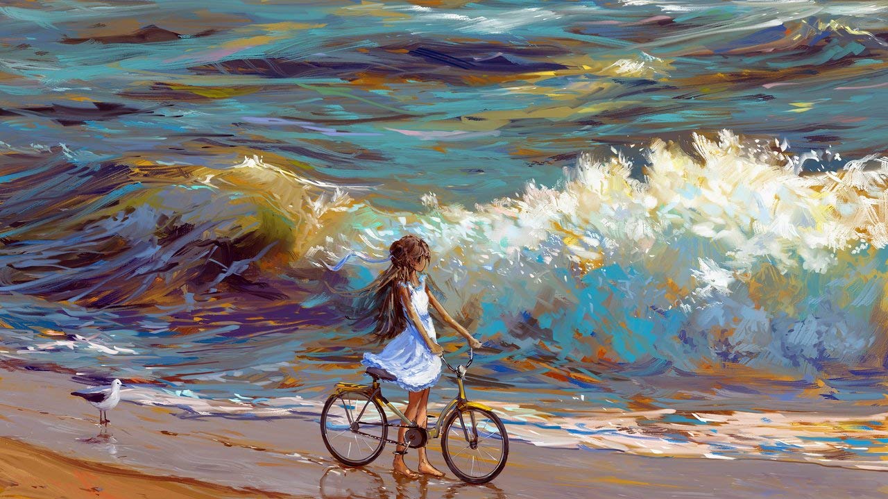 Amazon.co.jp: painting illustration sea bicycle artwork waves