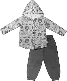 طقم بيجامة قطن مكون من سويت شيرت بغطاء للرأس وأكمام طويلة وبنطلون مطبوع برسومات دب للأولاد من قطعتين من بيبي شورا، لون رمادي، لعمر 1-2 سنة