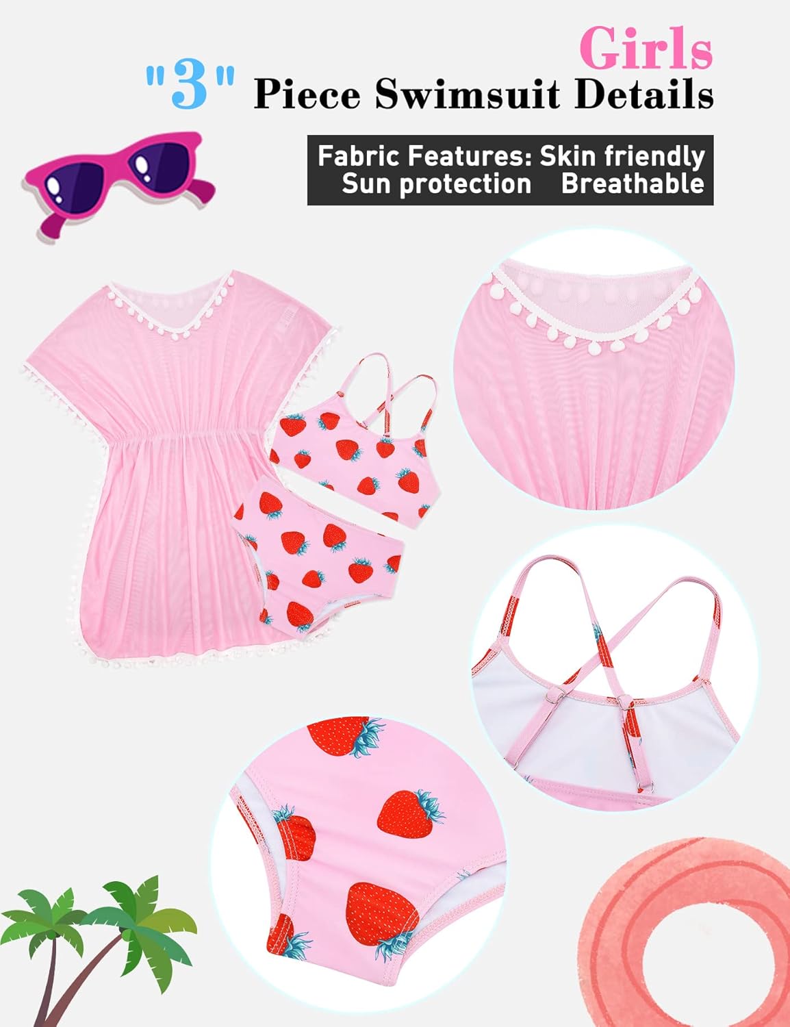 Goodstoworld 7-12Y Girls 3 Piece Cover Up Swimsuit Hawaiian Bikini Bathing Suit with Pompom Tassel - Image 5