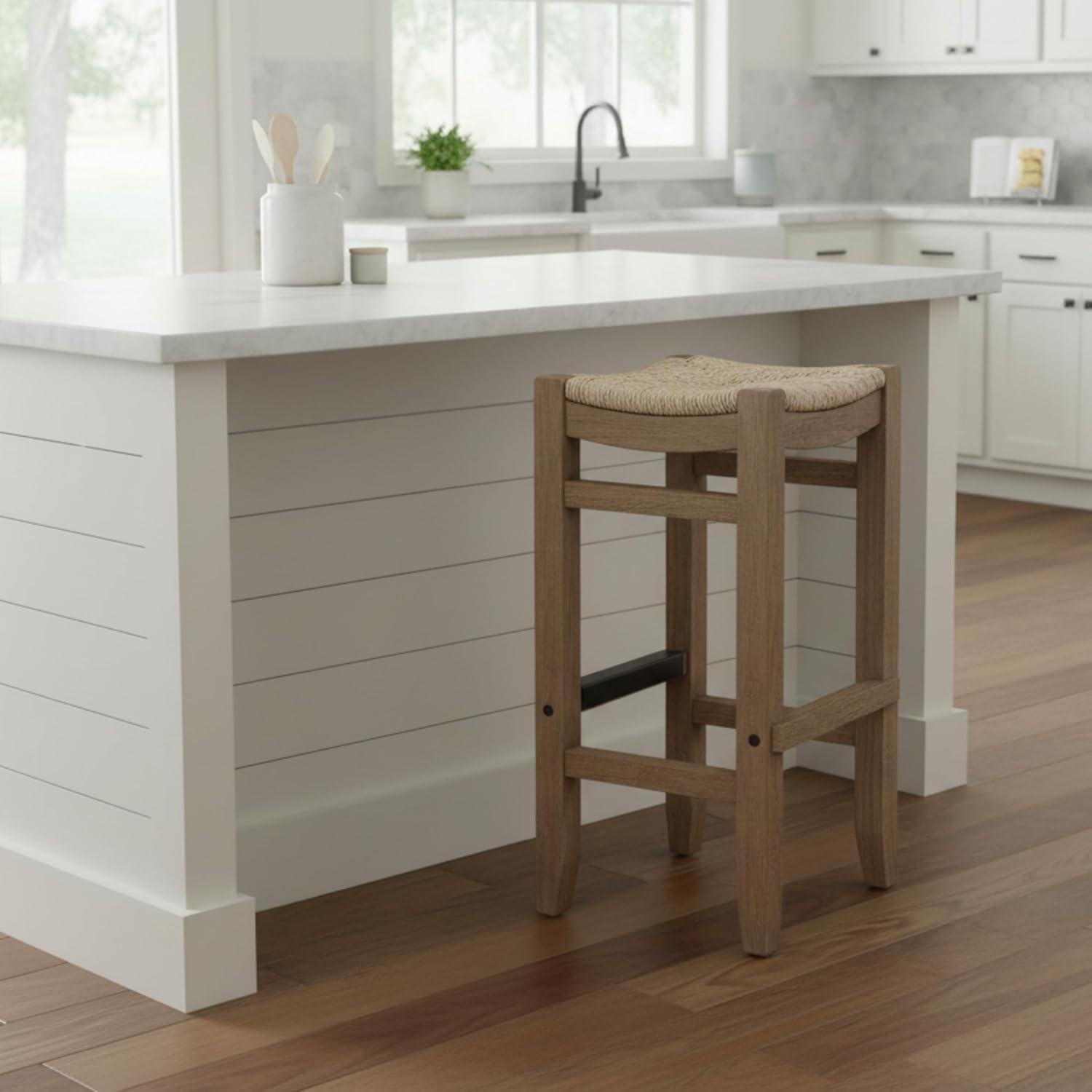 Alaterre Furniture Newport Bar Stool – 30 Inch Bar Height Stool with Natural Seagrass Rush Seat – Rustic Industrial Solid Wood Backless Kitchen Island Stool, Farmhouse Bar Chair (Natural)