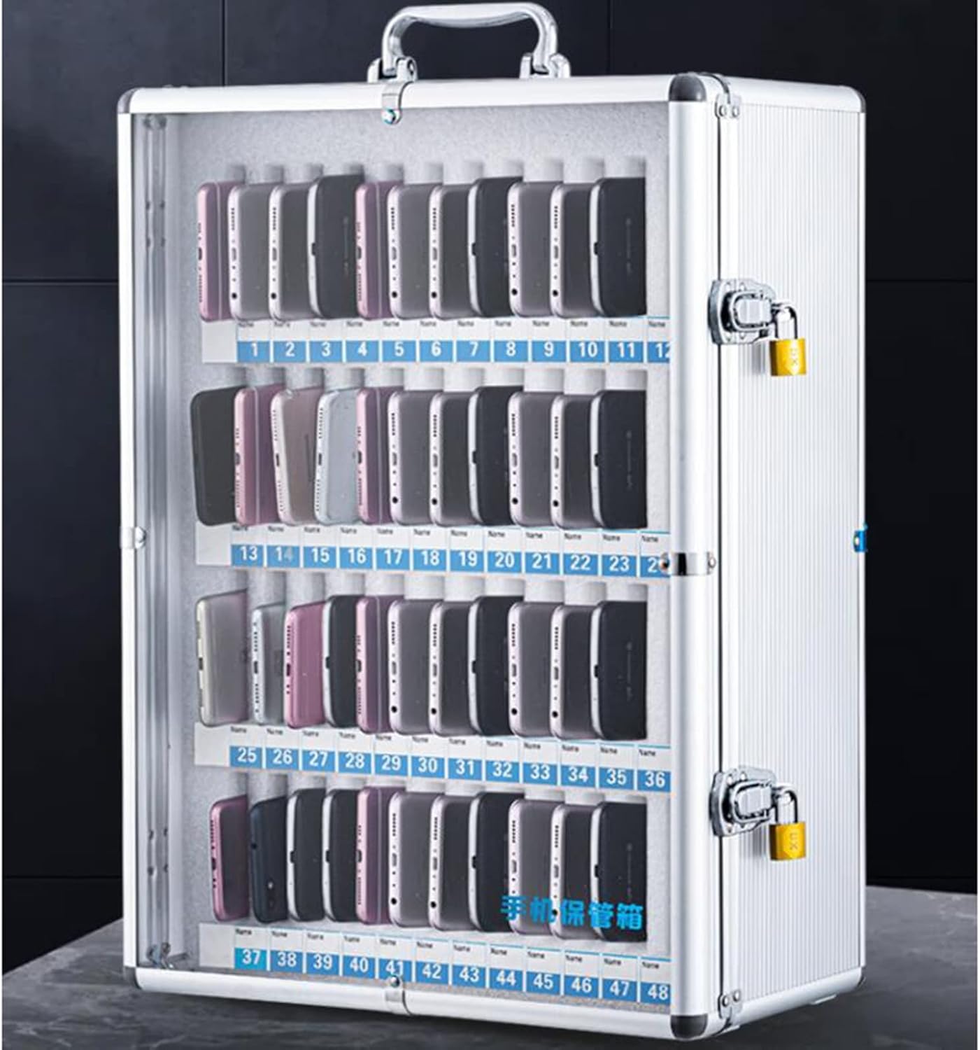 Aluminum Alloy Phone Storage Box with Handle - Clear 60-Slot Cell Phone Locker for Office/Classroom - Portable Pocket Chart Organizer in Silver