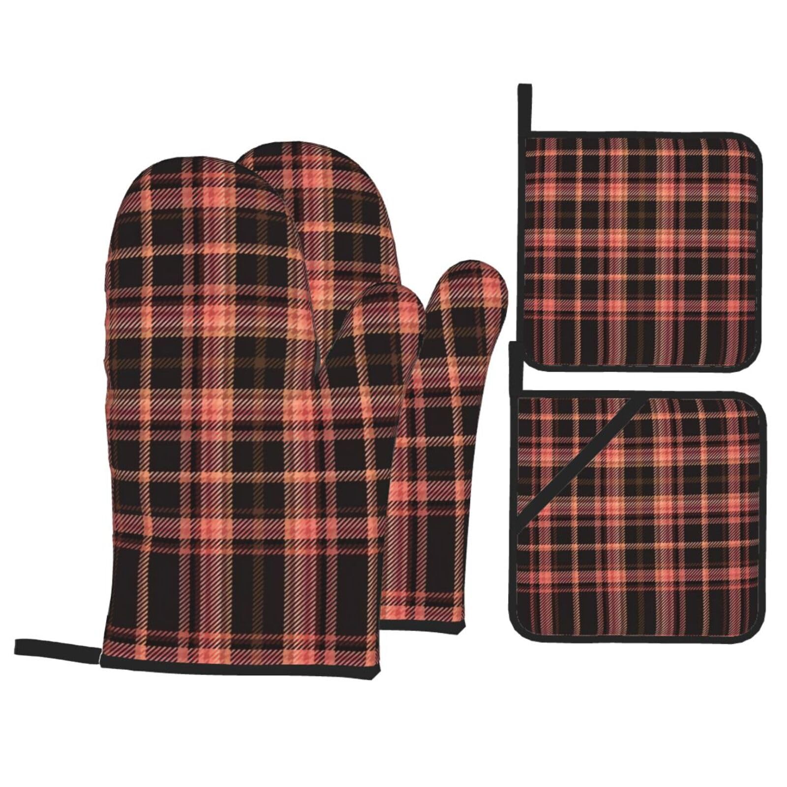 Tartan Heat Resistant Oven Mitts and Pot Holders Set of 4 Protection Utensil Pocket for Grilling Baking Cooking