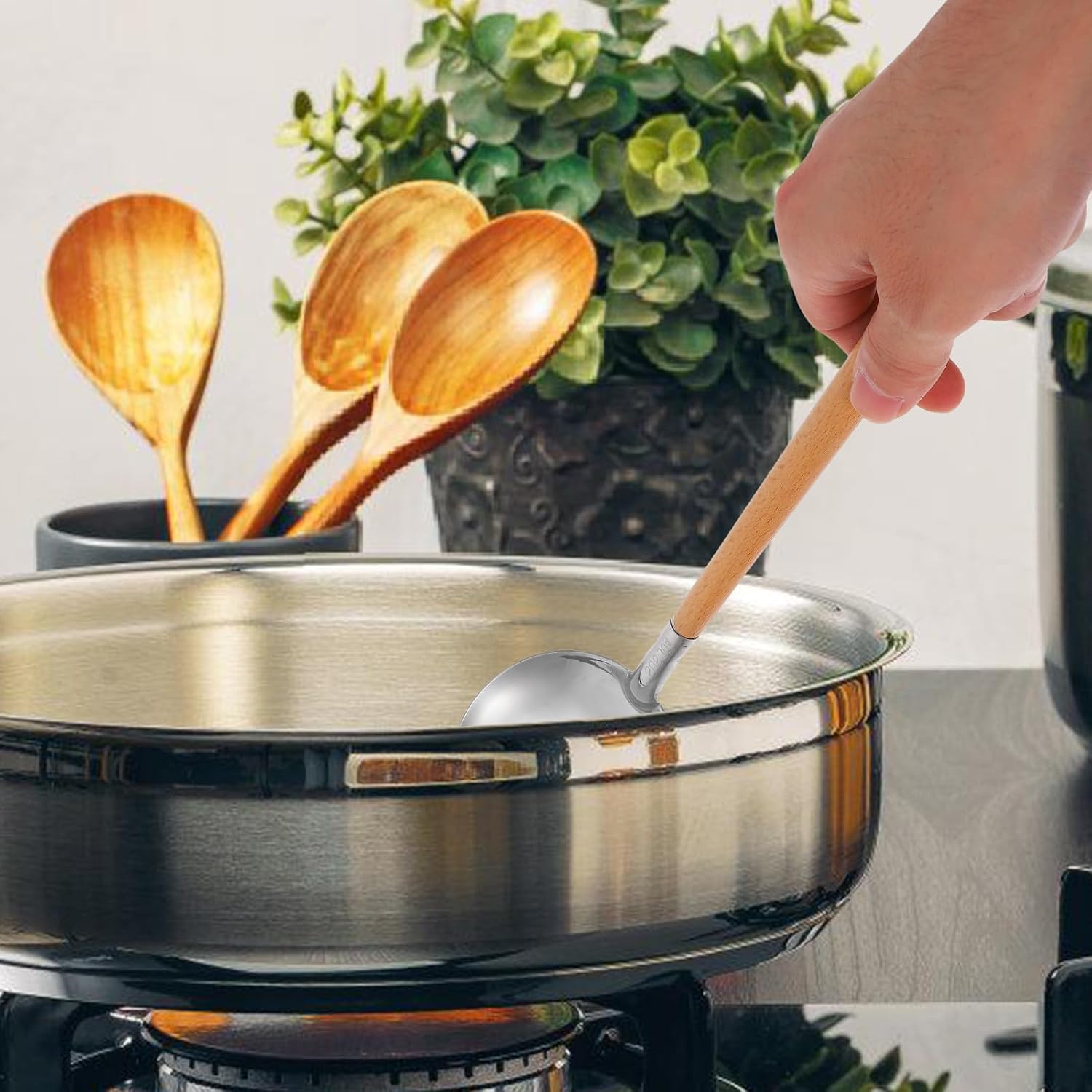 Stainless Steel Soup Ladle Strainer with Long Wood Handle Kitchen Set