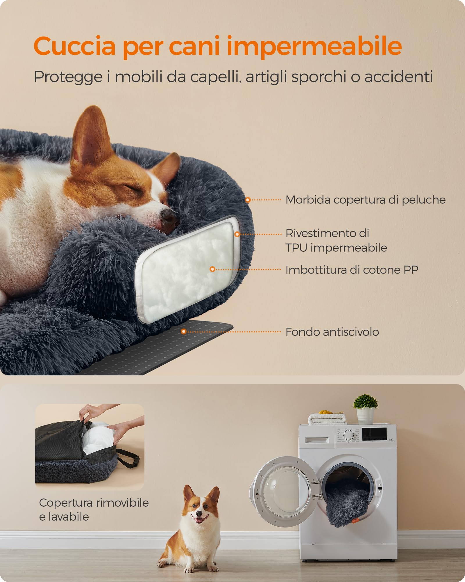 Feandrea FluffyHug Cuccia per Cani di Peluche, Tappeto Copridivano per Animali, Divano per Cani, L, per Cani Medi, 95 x 85 x 16 cm, Grigio Scuro PGW222G02