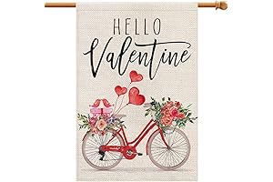Vertical Valentine's Day House Flag Featuring Heart, Rose, and Bicycle