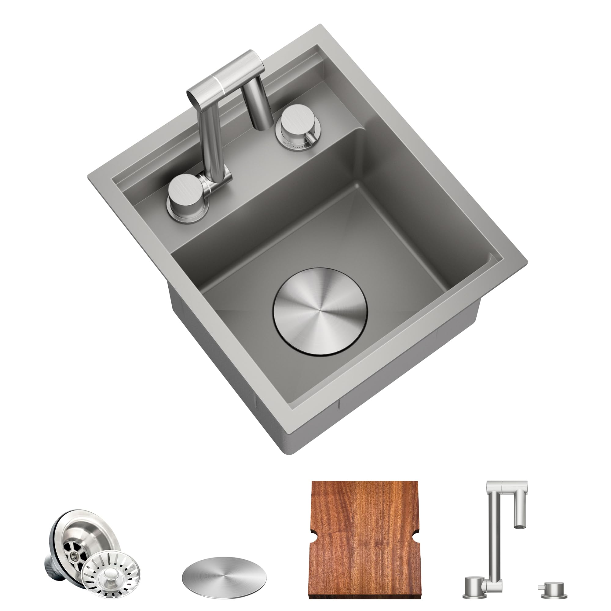 TORVA RV Kitchen Sink, 13 x 15 x 9 Inch Undermount Bar Sink 16 Gauge Stainless Steel Single Bowl Sink with Faucet Cutting Board, Grey