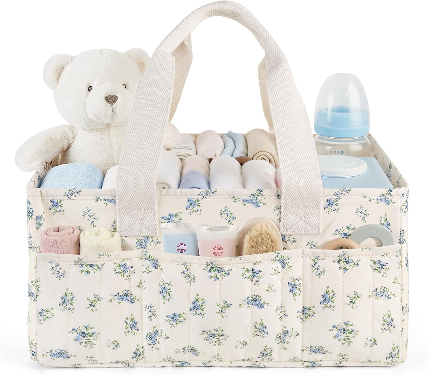 Baby Diaper Caddy Organizer with Portable Changing Mat-Portable Baby Organizers and Storage, Gift for Baby Shower, Baby Essentials Organizer with Removable Dividers (Blue Floral)