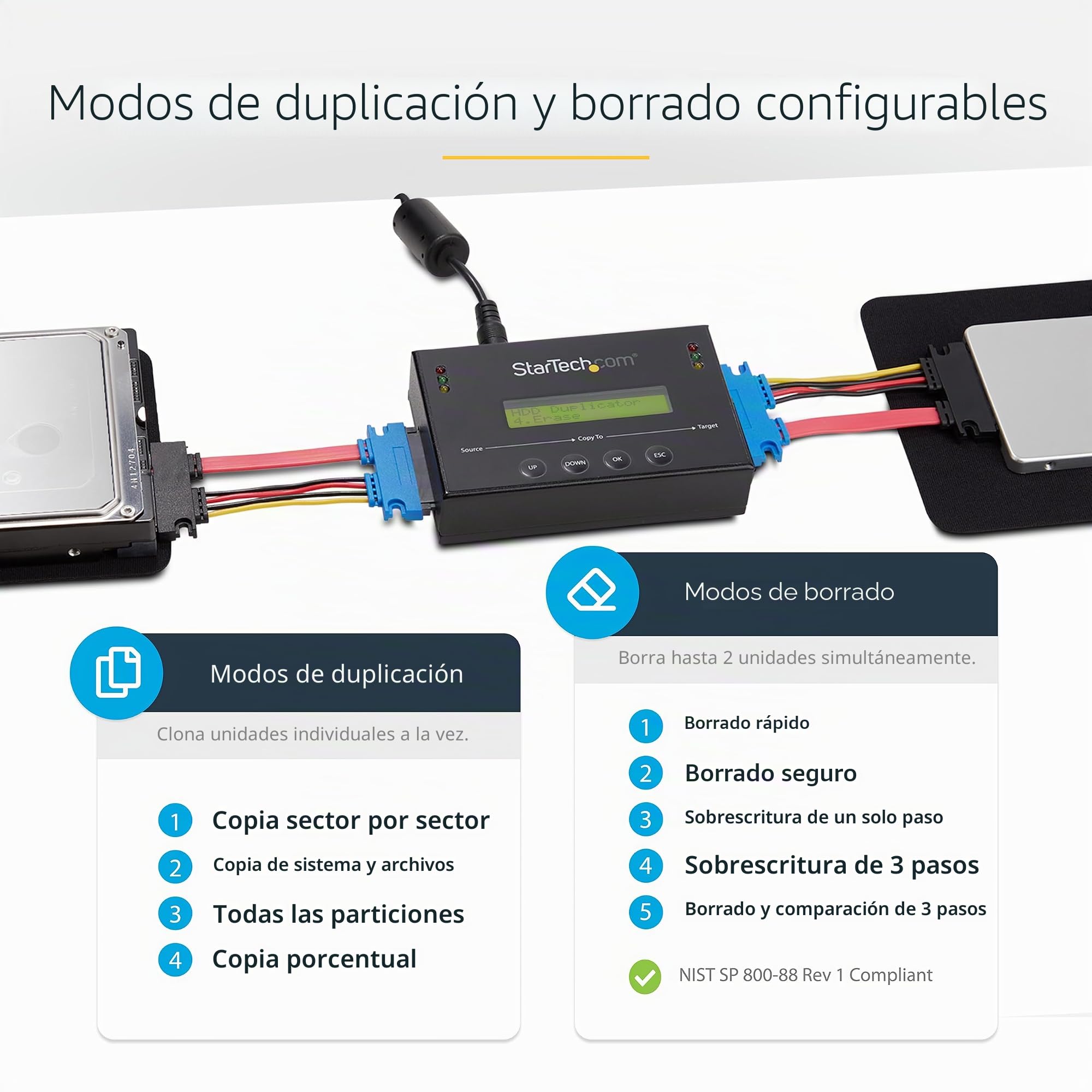 StarTech Duplicador Borrador SATA 2,5/3,5in 1:1, 14GB/min (SATDUP11) | Clonador copiador de discos, Limpiador, Sanitizador, Recuperacion