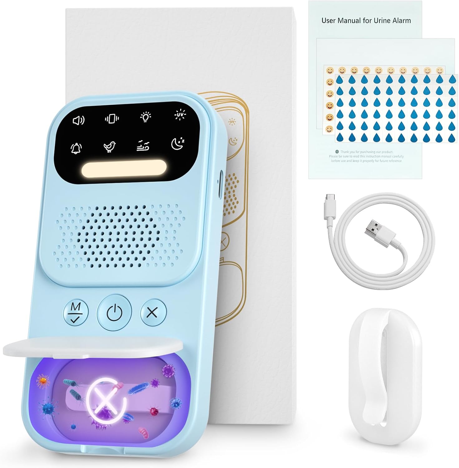 Wireless Bed Wetting Alarm for Boys & Girls with UV Mode & Night Light, Loud Sound/Vibration, Wireless Sensor, 8 Modes, Progress Chart & Stickers