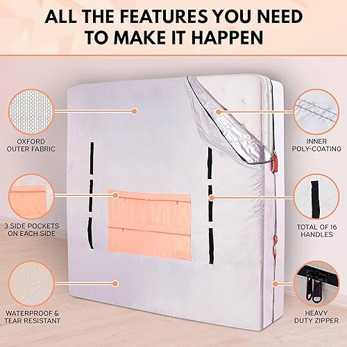 Miniatura 3 de Bolsa de colchón para mudanza, funda de colchón para mudanza y almacenamiento, tamaño King 76 x 80 x 16 pulgadas, bolsas de mudanza de colchón