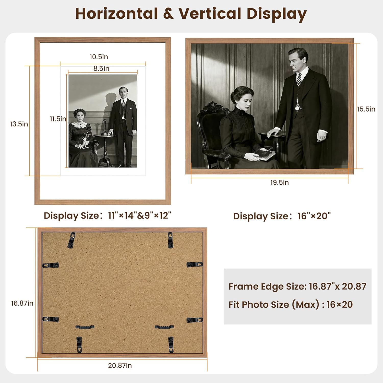 16x20 solid walnut wood picture frame, hd glass, double mat for 9×12 or 11×14 photos, premium walnut photo frame, vertical or horizontal wall hanging or leaning display 16×20