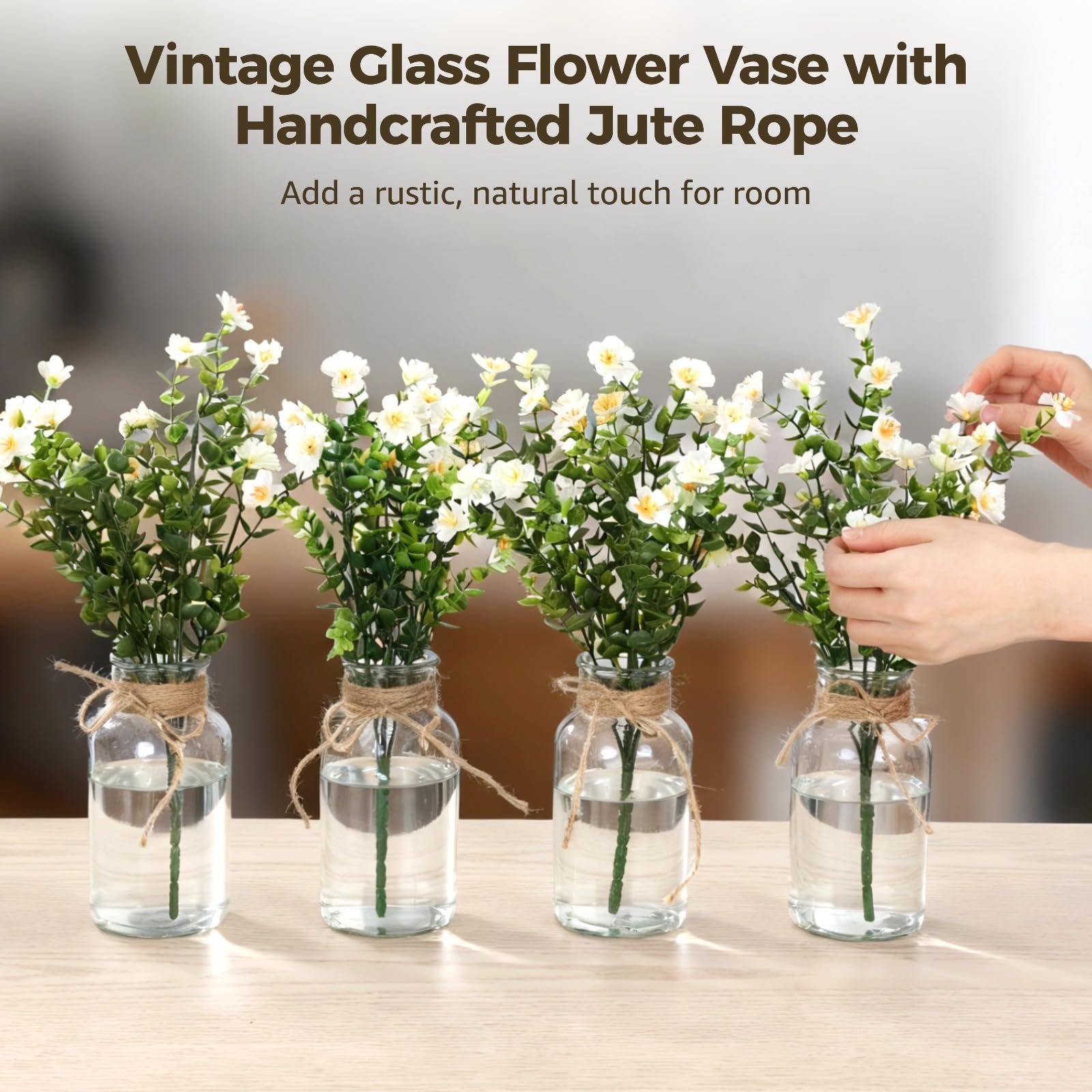 6 Stück Vintage-Glasblumenvasen-Set mit handgewickeltem Juteseil, klare Glasvasen für Tischmitte, dekorative Tischvasen, 16 x 7,9 cm, für Hochzeitsdeko und Wohnraum