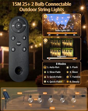 Bzavor LED Fairy Lights Outdoor Solar 15 m 25 + 2 G40 Light Bulbs Solar Fairy Lights Outdoor with Remote Control 8 Modes Solar Fairy Lights Outdoor Weatherproof for Garden Patio Weddings Parties [Energy Class A]