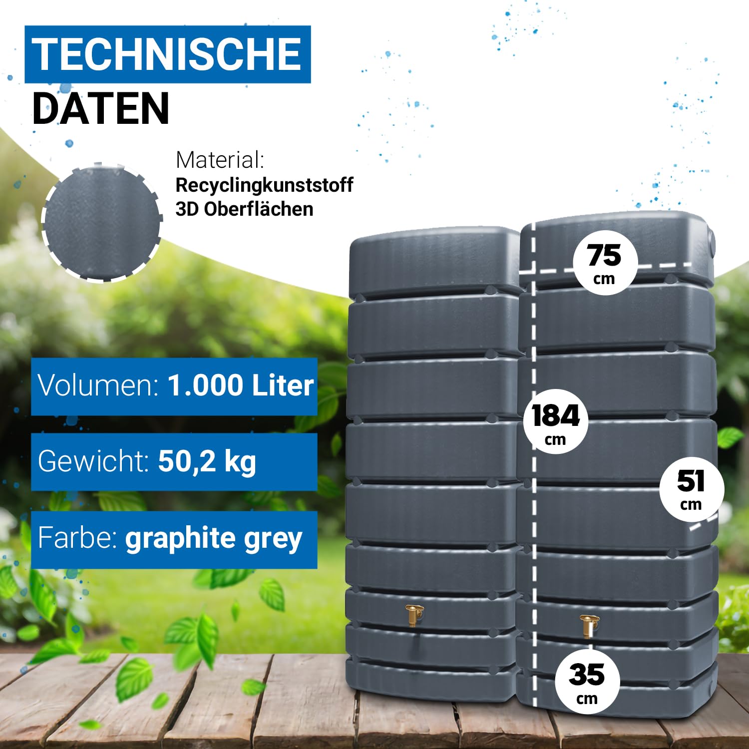 4rain Slim Wandtank-Set Regentonne 1000 Liter Graphite Grey, 2 x Slim | 500 Liter inkl. Verbinder, Wassertank, Fass, Regenfass, Regenwassertonne, Regenwassertank, Wasserbehälter, Wassertonne